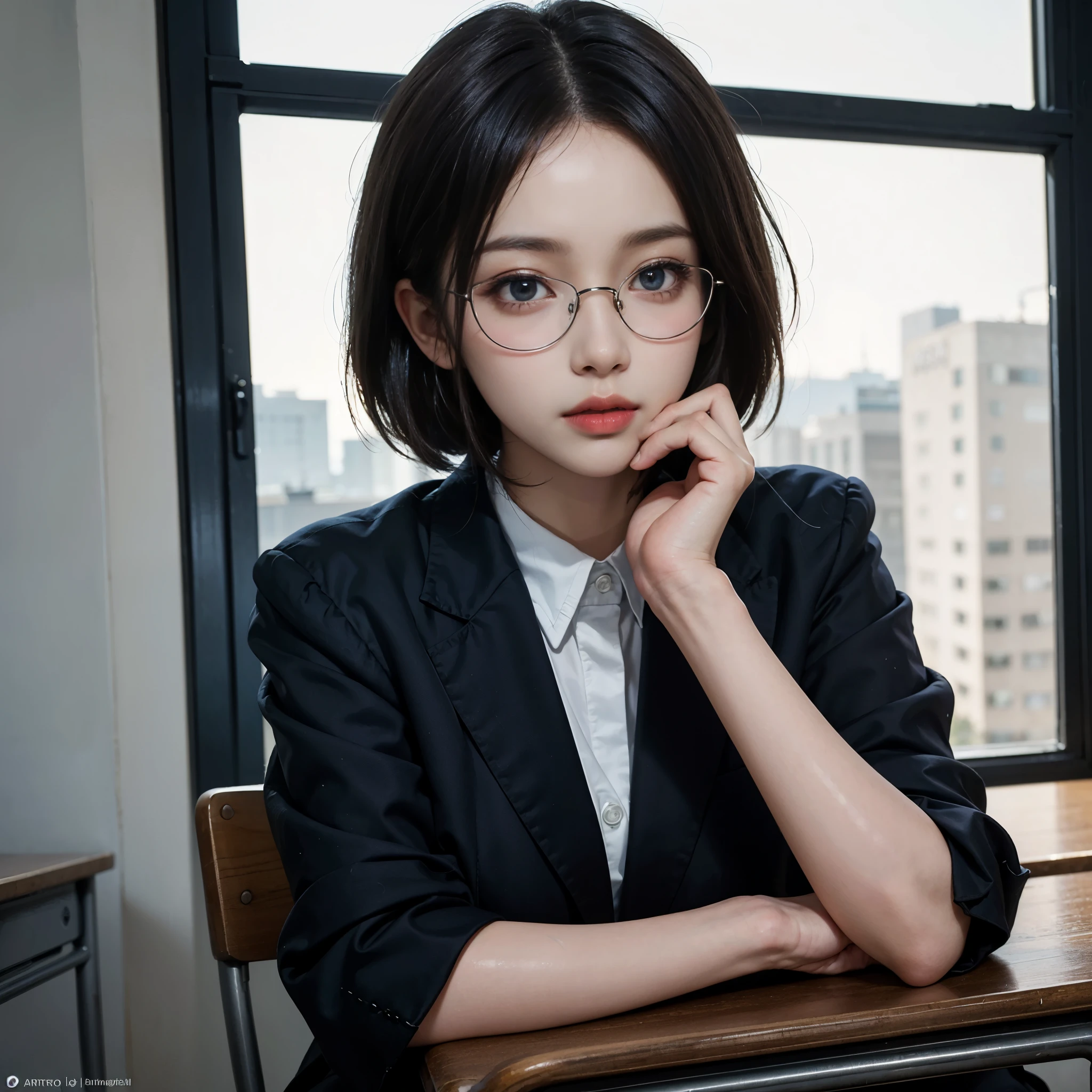 (1 Girl Solo, 1 Sexy Woman, Black Hair, Short Hair, Bub Cut, Japanese high school student, School Uniform:1.4), (School, Classroom, Sitting, Glasses, Cowboy Shot:1.3), (Detailed Face, glossy lip, Detailed eyes, Beautiful eyes:1.5), ((anatomically correct)), (Futuristic Portrait), (Extremely-Close-Up:1.2), Smile, beautiful legs, Cinematic Light, Chiaroscuro, masterpiece, Super Detail, High quality, awardwinning, 8K, (girl), Solo, (Formal jacket dark blue), White shirt, Short tie, Short pleated skirt is plaid, Detailed fingers, romantic, lighting on the face, no futuro telhado de luz neon, SSCI - FI e Fantasia, intrincado e muito bonito e elegante, altamente detalhado, pintura digital, art-station, arte conceitual, smooth and sharp focus, illustration, Arte de Tan Zi e Ayanamikodon e Alphonse Mucha e Wlop