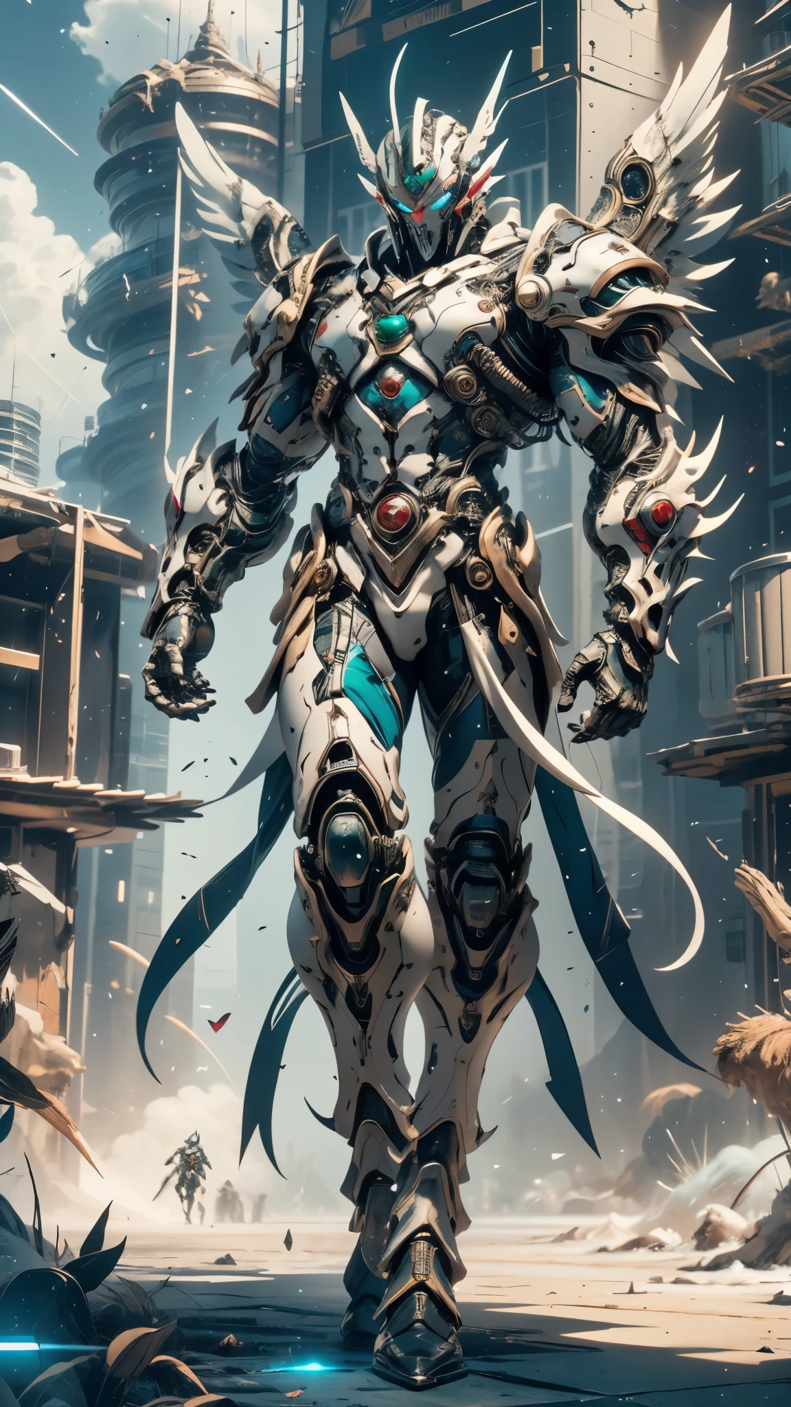 A man wearing a full-face helmet, a fantasy-style biotech armored combat suit, green eyes, (a composite layered chest armor), fully enclosed shoulder guards, matching arm and leg guards, the belt is adorned with Halo, (the color scheme is primarily white with red and blue accents), the design balances heavy with agility, a high-tech bio-mecha armor, (Armor Concept Inspired by Angel, stand on the top of a skyscraper in a futuristic sci-fi city), this character embodies a finely crafted fantasy-surreal style armored hero in anime style, exquisite and mature manga art style, (battle damage, element, plasma, energy, the armor glows), ((male:1.5)), metallic, real texture material, dramatic, high definition, best quality, highres, ultra-detailed, ultra-fine painting, extremely delicate, professional, perfect body proportions, golden ratio, anatomically correct, symmetrical face, extremely detailed eyes and face, high quality eyes, creativity, RAW photo, UHD, 32k, Natural light, cinematic lighting, masterpiece-anatomy-perfect, masterpiece:1.5