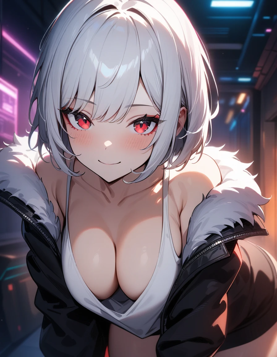 masterpiece, best quality, very aesthetic, absurdres, 1girl, downblouse, white hair, short hair, red eyes, breasts, cleavage, open jacket, fur trimmed jacket, white tank top, light smile, indoors, cyberpunk