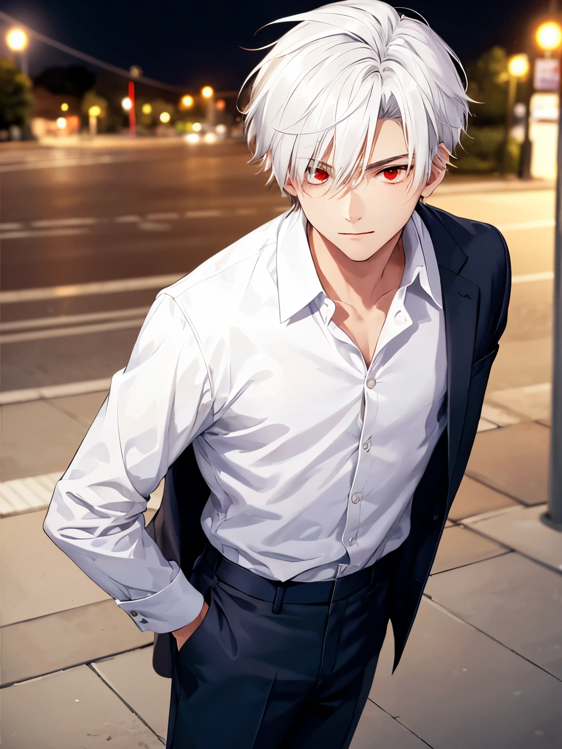 1boy,Standing,cool style, slight smile,18 years old,guy, at night,close up photo,Focus on the face, handsome face,handsome,side parted hair,short hair, straight hair, white hair, white shirt,,white trousers,red eyes, vampire