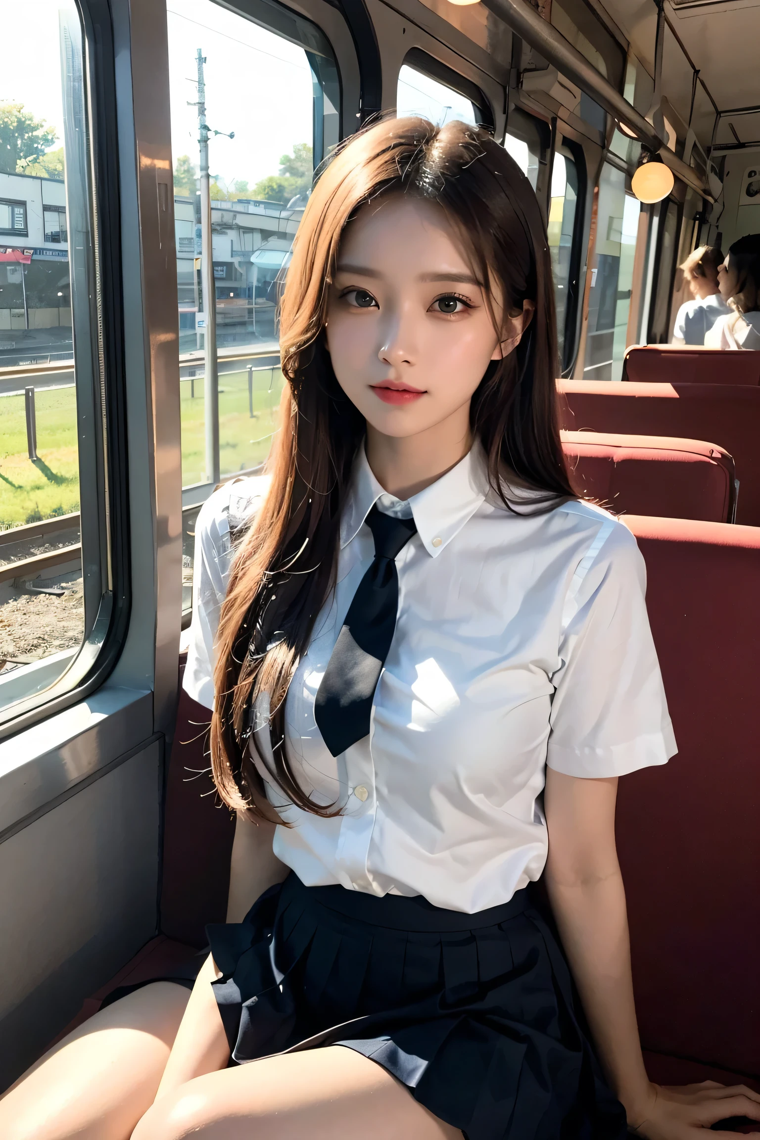 (masterpiece, highest quality:1.2), 8k, 15 years, 85mm, Official Art, RAW Photos, Absurd, White dress shirt, Pretty face, close, Upper Body, Violet, Gardenias, beautiful girl, , (Navy Pleated Skirt:1.1), Squeeze the waist, Thighs, Short sleeve, in the train, Sitting on a bench seat, View Viewer, No makeup, (smile:0.4), Film Grain, chromatic aberration, Sharp focus, Face Light, Bright lighting, , Detailed face, Bokeh Background, (Dark red tie:1.1)