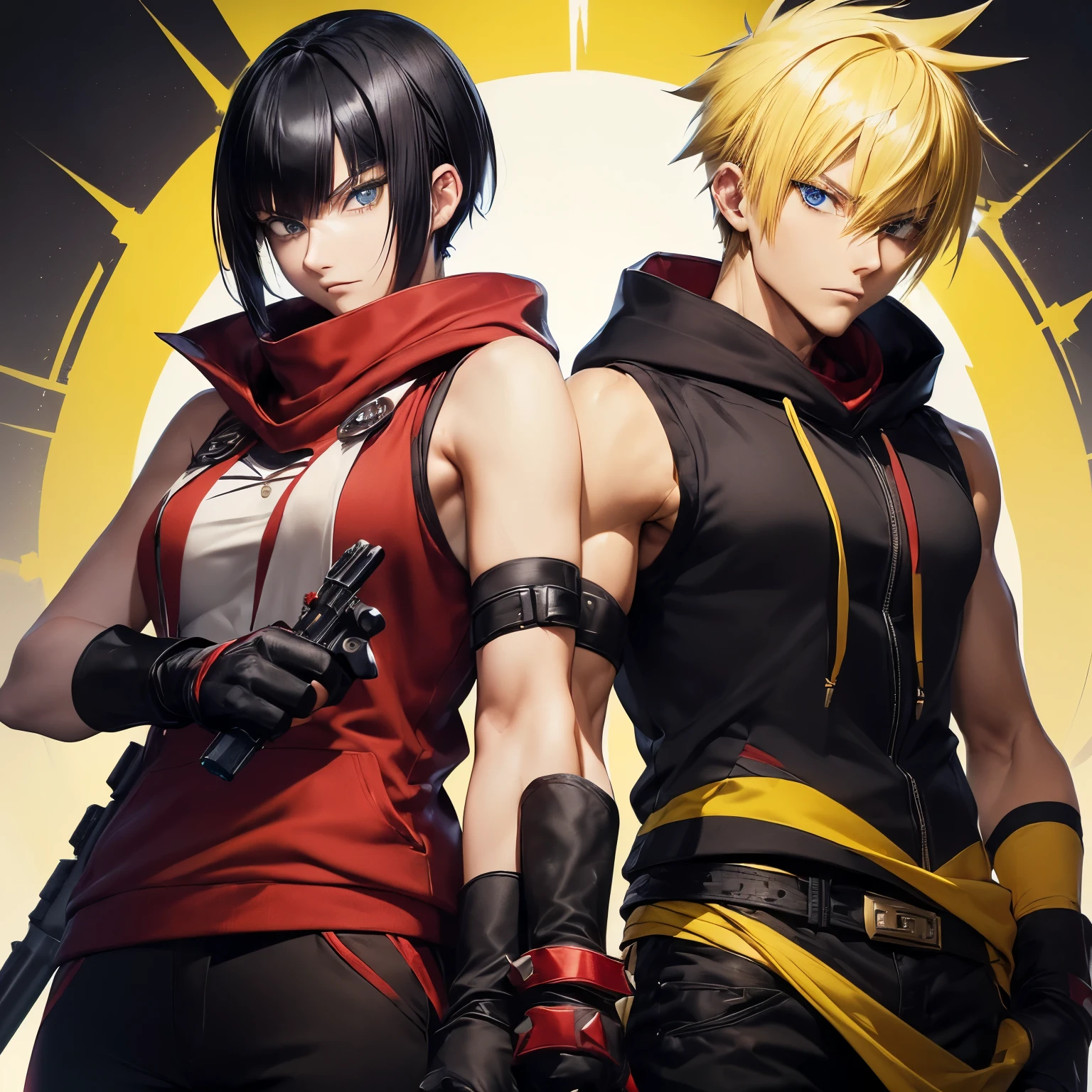 ((Couple)), ((26 years old, male with Yellow hair, Blue eyes, Spiky hair)). 

((26 Years Old, female with Black Hair, Hime Cut, Bang, White Eyes)),, ((red scarf)), ((red hoodie vest)), ((sleeveless)), ((black pants)), ((black gloves)), ((Sniper)), slim, up to legs, intimidating aura