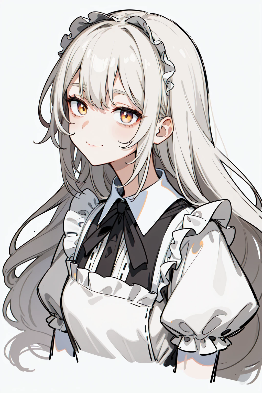 (masterpiece, best quality, ultra high quality, by quan, sketch:1.1), ((portrait)), 1girl, solo, human girl, young with long hair, very long hair, gray white hair, straight hair, blunt bangs, hair between eyes, ((golden eyes, white pupils)), bags under eyes, small breasts, flat chest, neutral, innexpressive, small smile, v-shape smile, :>, wearing a victorian white dress, maid, maid dress, white apron, long dress skirt, leggings, black pantyhose, upper body, standing, hands behind back, isometric lightning, white background, simple background