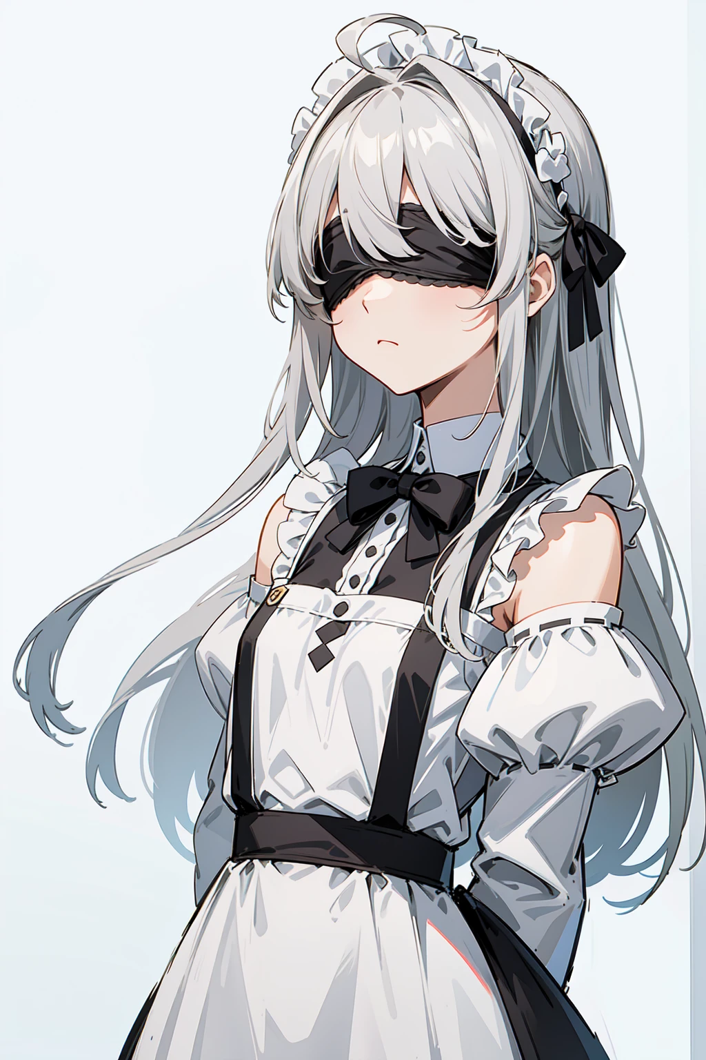 masterpiece, best quality, ultra high quality, 1girl, solo, young with long hair, gray hair, straight hair, blunt bangs, ahoge, hair between eyes, (flowers blindfold), small breasts, flat chest, neutral, innexpressive, :<, wearing a victorian white dress, maid, apron, white dress, suspenders, bare shoulders, detached sleeves, sleeves past fingers, gradient leggings, black pantyhose, upper body, standing, arms behind back, :<, white background, simple background, 