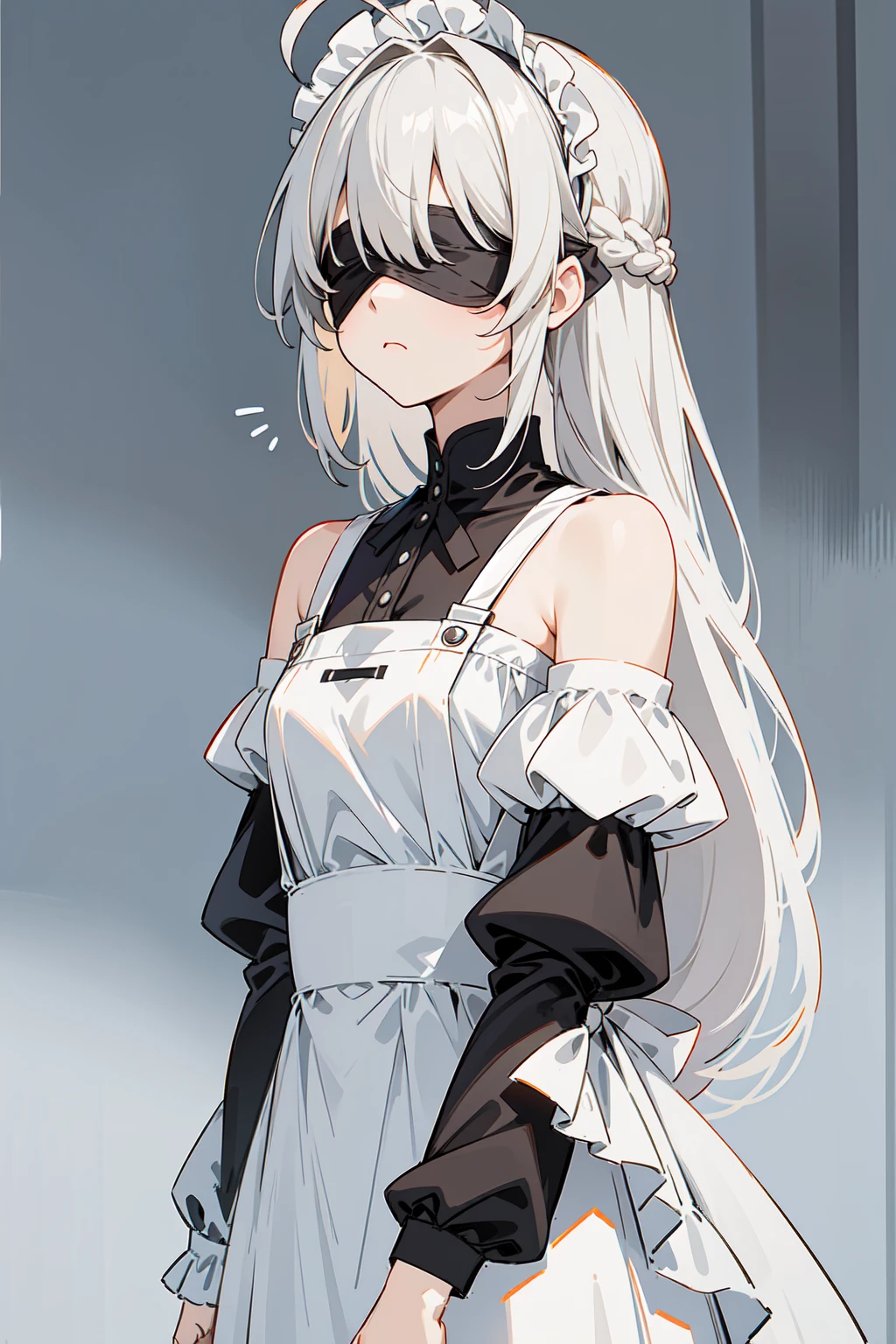 masterpiece, best quality, ultra high quality, 1girl, solo, young with long hair, gray hair, straight hair, blunt bangs, ahoge, hair between eyes, (flowers blindfold), small breasts, flat chest, neutral, innexpressive, :<, wearing a victorian white dress, maid, apron, white dress, suspenders, bare shoulders, detached sleeves, sleeves past fingers, gradient leggings, black pantyhose, upper body, standing, arms behind back, :<, white background, simple background, 