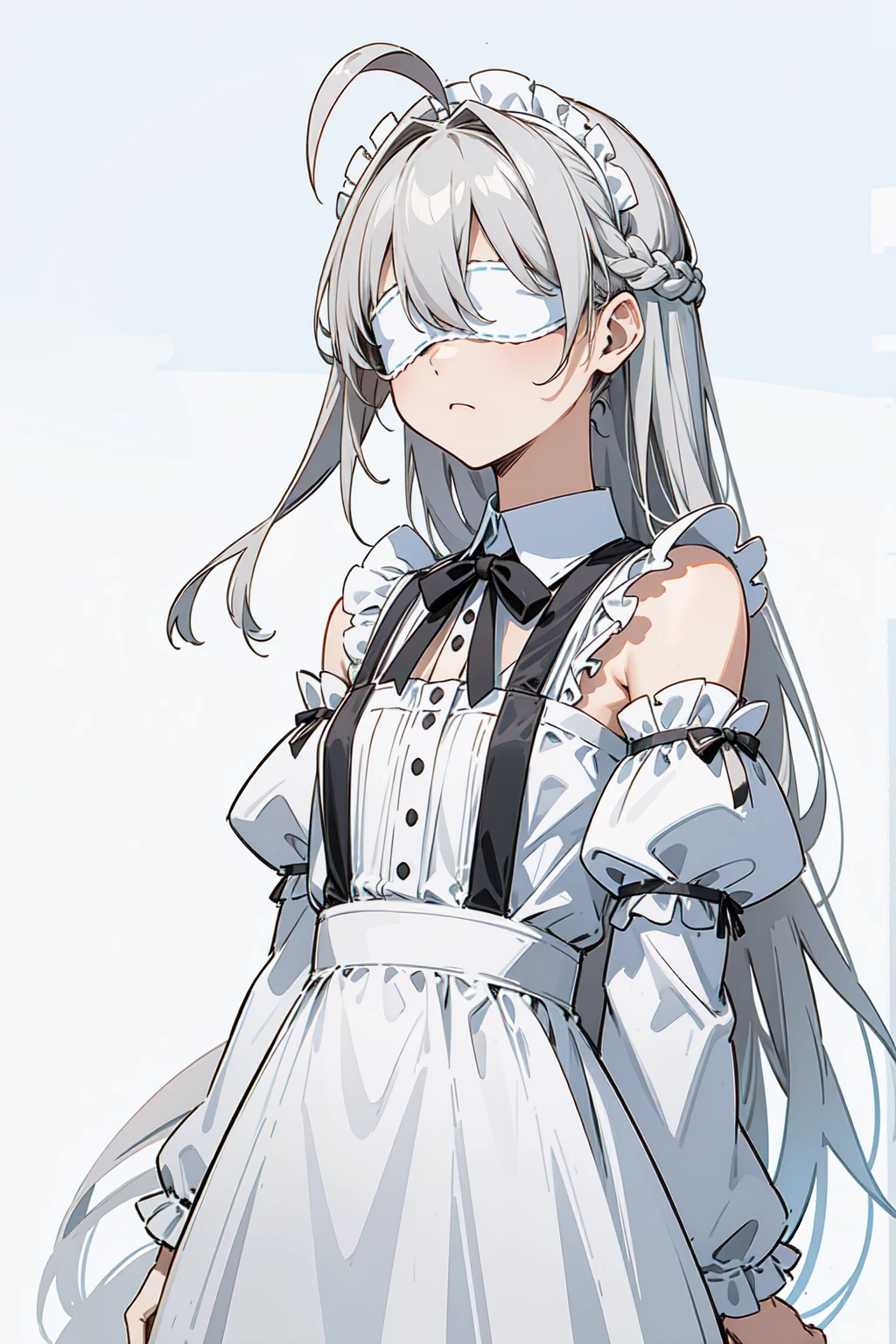 masterpiece, best quality, ultra high quality, 1girl, solo, young with long hair, gray hair, straight hair, blunt bangs, ahoge, hair between eyes, (flowers blindfold), small breasts, flat chest, neutral, innexpressive, :<, wearing a victorian white dress, maid, apron, white dress, suspenders, bare shoulders, detached sleeves, sleeves past fingers, gradient leggings, black pantyhose, upper body, standing, arms behind back, :<, white background, simple background, 