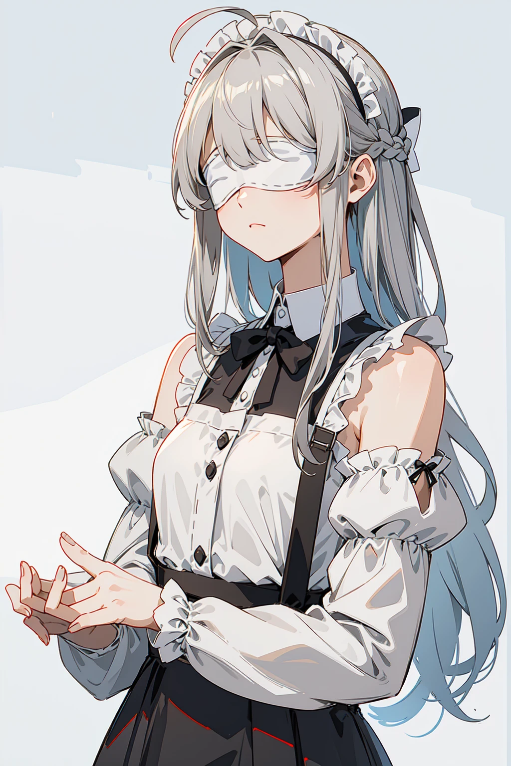 masterpiece, best quality, ultra high quality, 1girl, solo, young with long hair, gray hair, straight hair, blunt bangs, ahoge, hair between eyes, (flowers blindfold), small breasts, flat chest, neutral, innexpressive, :<, wearing a victorian white dress, maid, apron, white dress, suspenders, bare shoulders, detached sleeves, sleeves past fingers, gradient leggings, black pantyhose, upper body, standing, arms behind back, :<, white background, simple background, 