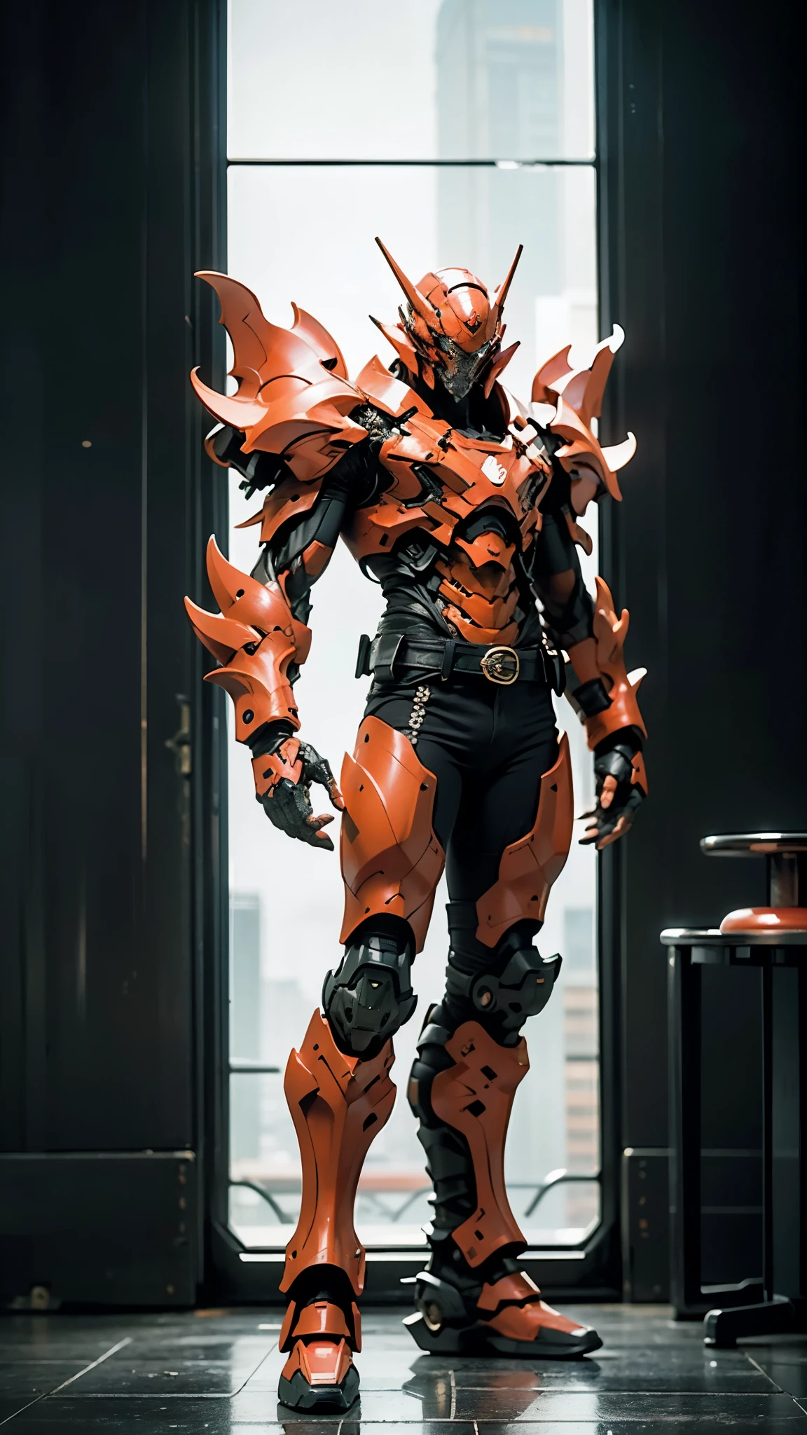 A man wearing a full-face helmet, a fantasy-style biotech armored combat suit, green eyes, (a composite layered chest armor), fully enclosed shoulder guards, matching arm and leg guards, the belt is adorned with fangs biting into gem, (the color scheme is primarily black with red accents), the design balances heavy with agility, a high-tech bio-mecha armor, (Armor Concept Inspired by Godzilla, stand on the top of a skyscraper in a futuristic sci-fi city), this character embodies a finely crafted fantasy-surreal style armored hero in anime style, exquisite and mature manga art style, (element, plasma, energy, the armor glows), ((male:1.5)), metallic, real texture material, dramatic, high definition, best quality, highres, ultra-detailed, ultra-fine painting, extremely delicate, professional, perfect body proportions, golden ratio, anatomically correct, symmetrical face, extremely detailed eyes and face, high quality eyes, creativity, RAW photo, UHD, 32k, Natural light, cinematic lighting, masterpiece-anatomy-perfect, masterpiece:1.5