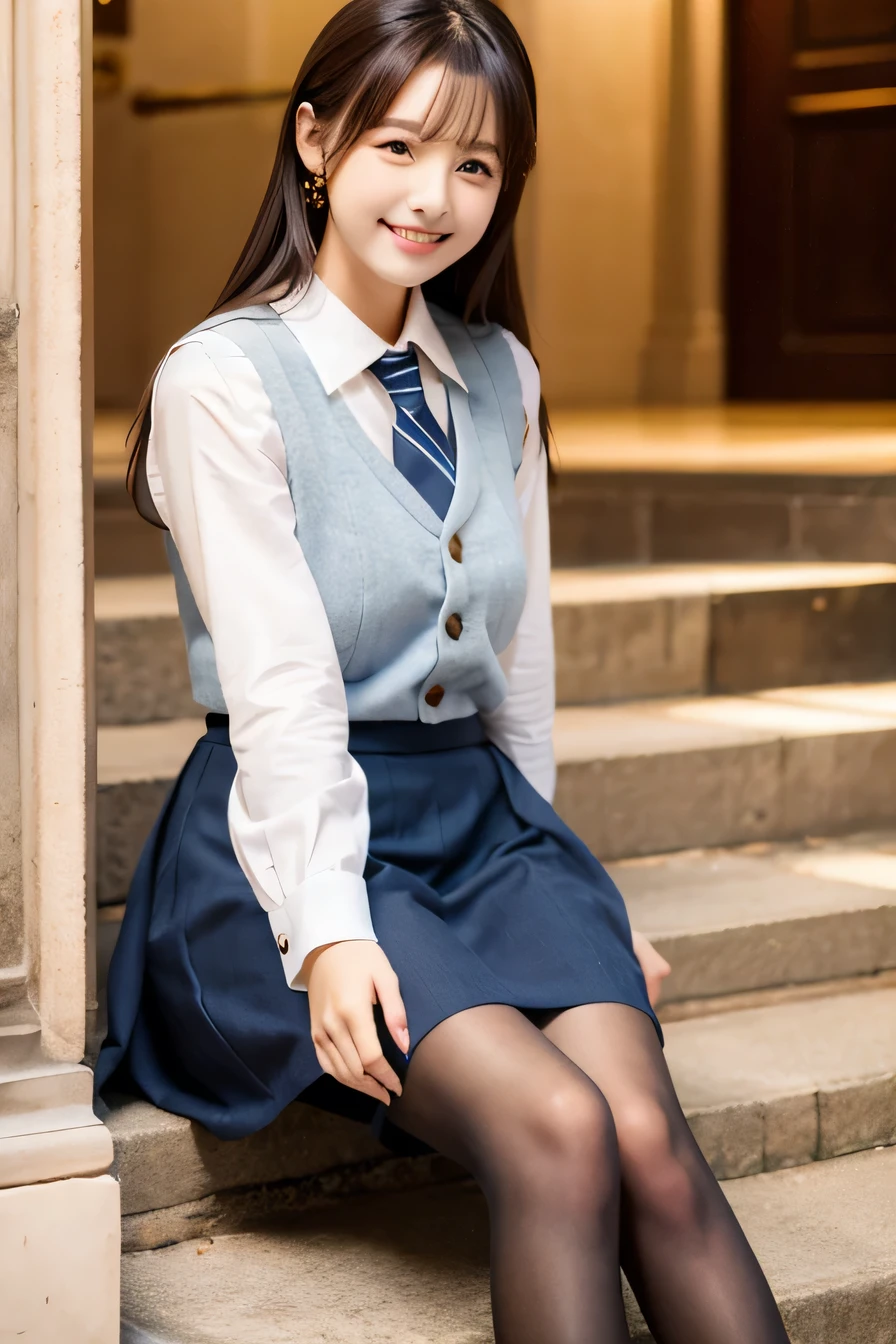 Ulzzang-6500-v1.1, (RAW Photos:1.2), (Realistic), (Genuine:1.4), １girl、Perfect Anatomy、Sit on the stairs、Full body photo、Looking into the camera、black tights、pumps、Knee-length skirt、Black Hair、smile、Plaid vest、、
