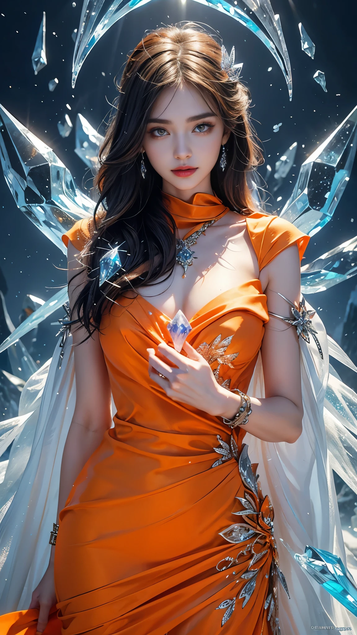 a beautiful ice goddess, good face, happy face, very long hair, realistic eyes, small breasts, ice magician, ice elemental, intricate design and details, chilling mist, cold, blizzard storm, conjuring ice spell, casting ice spell, detailed dress, (orange dress:1.5), realistic ice effect, ((ice:1.5)), snow particles, dark fantasy art style, ruined city, dramatic lighting, cinematic,