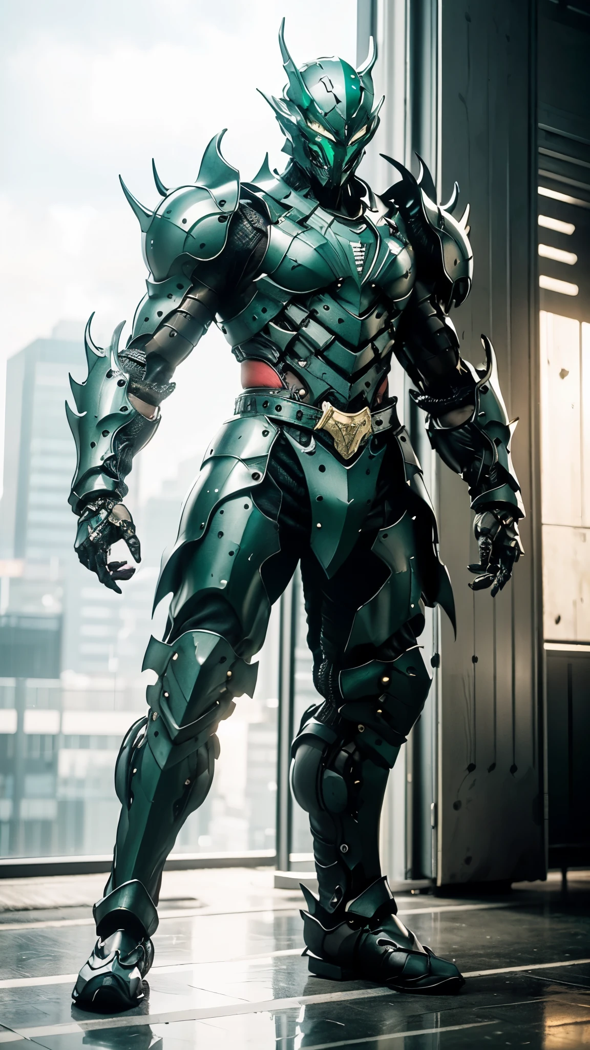 A man wearing a full-face helmet, a fantasy-style biotech armored combat suit, green eyes, (a composite layered chest armor), fully enclosed shoulder guards, matching arm and leg guards, the belt is adorned with fangs biting into gem, (the color scheme is primarily black with red accents), the design balances heavy with agility, a high-tech bio-mecha armor, (Armor Concept Inspired by Godzilla, stand on the top of a skyscraper in a futuristic sci-fi city), this character embodies a finely crafted fantasy-surreal style armored hero in anime style, exquisite and mature manga art style, (element, plasma, energy, the armor glows), ((male:1.5)), metallic, real texture material, dramatic, high definition, best quality, highres, ultra-detailed, ultra-fine painting, extremely delicate, professional, perfect body proportions, golden ratio, anatomically correct, symmetrical face, extremely detailed eyes and face, high quality eyes, creativity, RAW photo, UHD, 32k, Natural light, cinematic lighting, masterpiece-anatomy-perfect, masterpiece:1.5