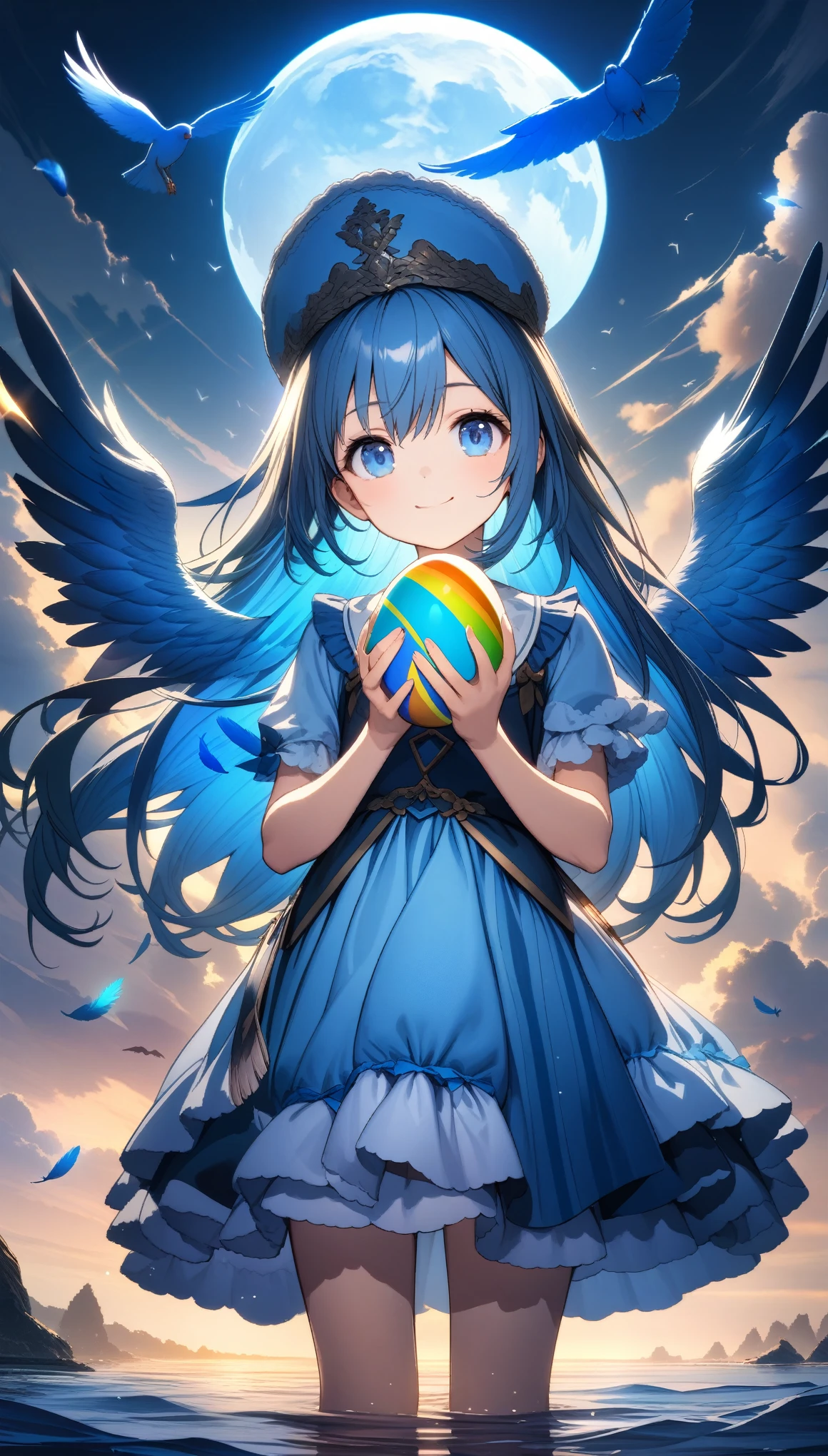 32k, best quality, ultra high res, HDR, UHD, extremely detailed CG, unity 32k wallpaper, A world full of eggs, 18-year-old, Holding a rainbow-colored egg in both hands, Very cute girl, Blue Hair, Long Hair, blue eyes, A beautiful and cute blue dress, from the front, A very beautiful sea background, Standing on the water, Particles that glow blue, bird, cloud, Egg with wings, Close your mouth and smile happily, A cute hat with blue feathers, (wing), full moon,