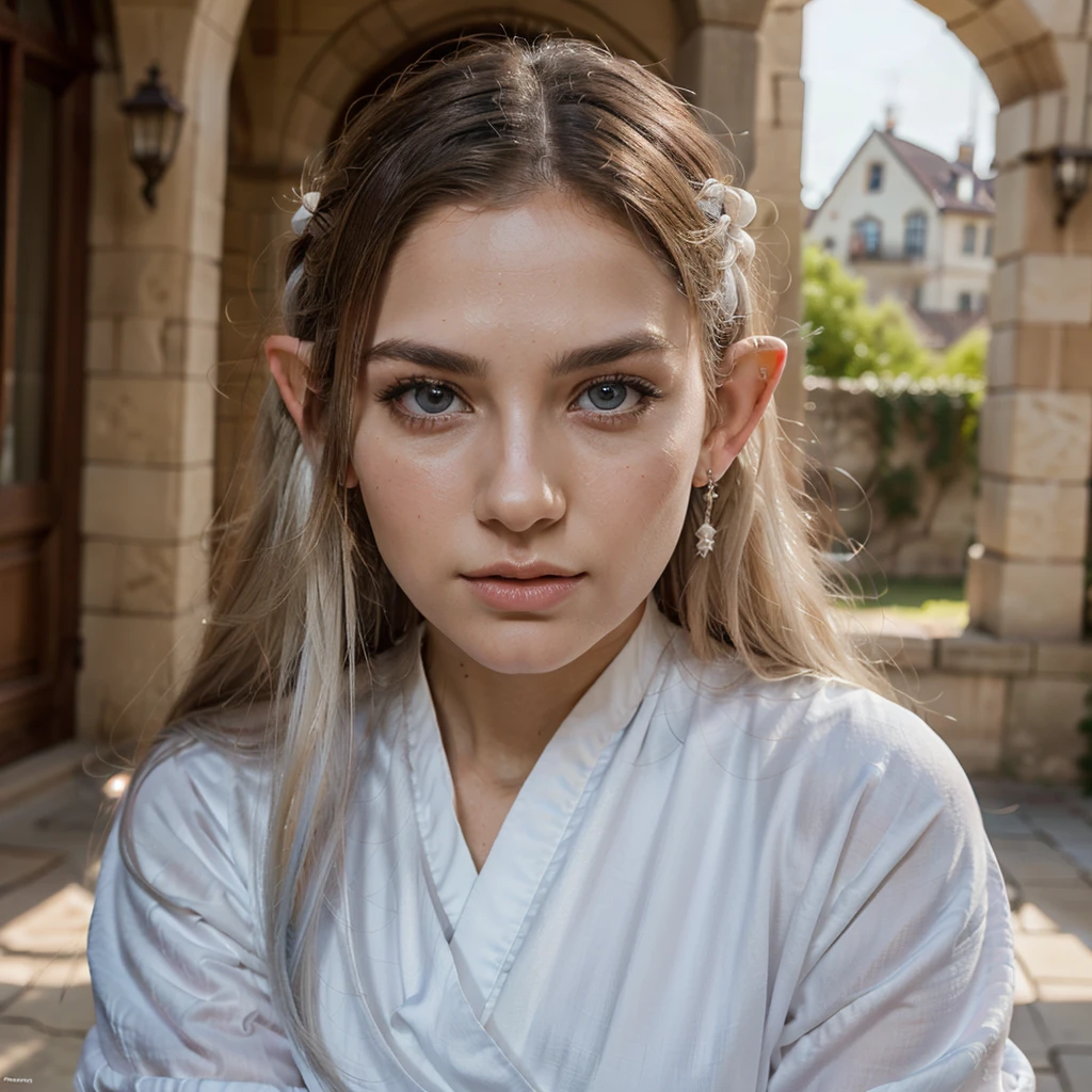 (best quality, high quality, detailed:1.2), frontal photography, long hair elf queen, named Glandruil, young woman, very long hair, absurdly long hair-white hair, light blue eyes, white eyebrows, white eyelashes, long pointed ears, white royal robe, thigh-revealing short robe, beautiful long legs, vibrant colors, castle, detailed scenery, detailed hair, detailed eyes, detailed facial features, photo album, various postures, various expressions, various angles shots, various photo poses, various camera views, various emotions, various photography techniques