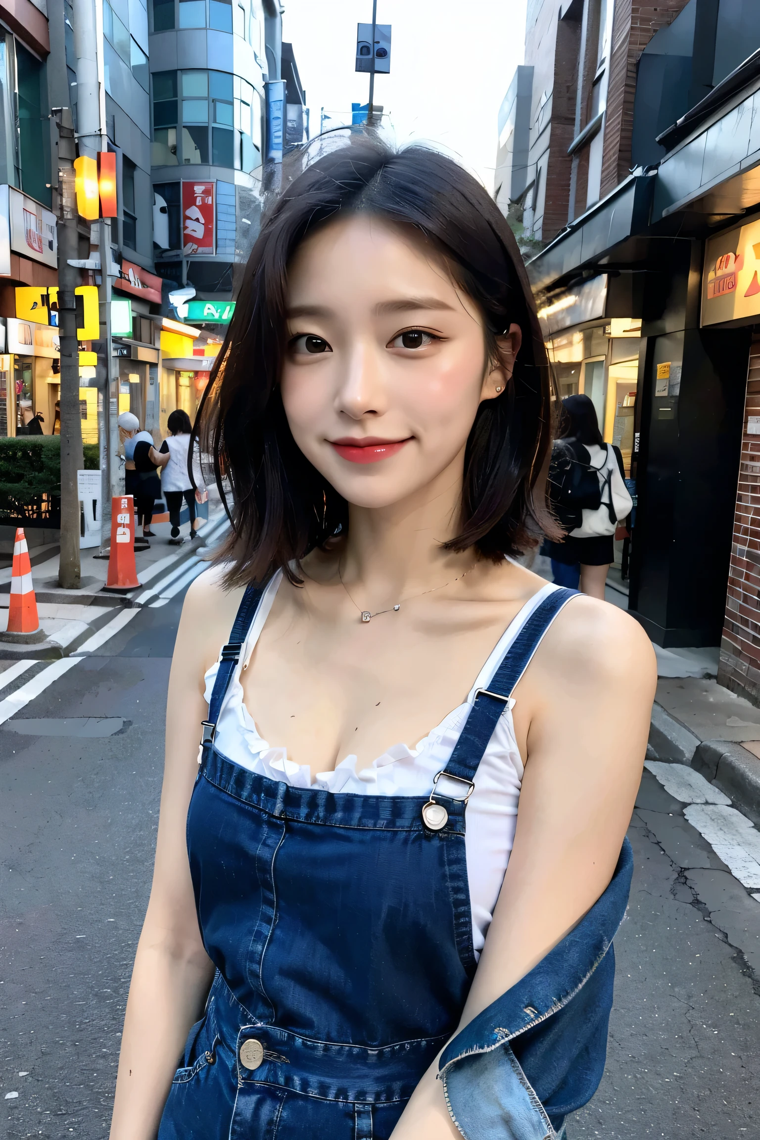 One girl, RAW Photos, masterpiece, 最high quality, high quality, Exquisite, 8k, 32k, High resolution, Disorganized, (Realistic:1.4), (Details Clothing:1.2), Japanese Idols, Short, unkempt hair, smile, Embarrassing, blush, very cute and beautiful face and eyes, Iris, Small breasts, cute, School, Tokyo Street, night, Cityscape,