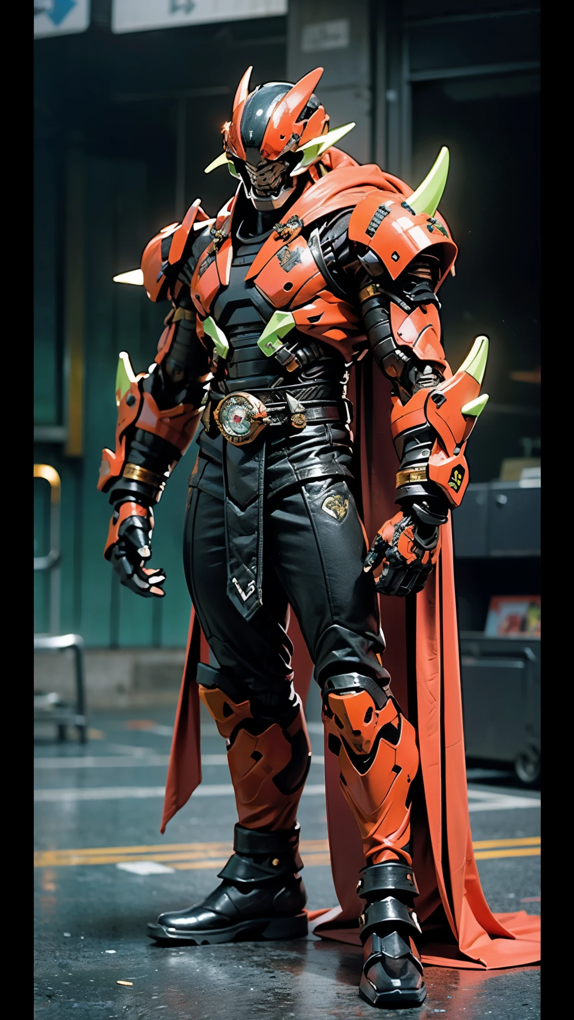 A man wearing a full-face helmet, a fantasy-style biotech armored combat suit, green eyes, (a composite layered chest armor), fully enclosed shoulder guards, matching arm and leg guards, the belt is adorned with fangs biting into gem, (the color scheme is primarily black with red accents), the design balances heavy with agility, a high-tech bio-mecha armor, (Armor Concept Inspired by Godzilla, stand on the top of a skyscraper in a futuristic sci-fi city), this character embodies a finely crafted fantasy-surreal style armored hero in anime style, exquisite and mature manga art style, (element, plasma, energy, the armor glows), ((male:1.5)), metallic, real texture material, dramatic, high definition, best quality, highres, ultra-detailed, ultra-fine painting, extremely delicate, professional, perfect body proportions, golden ratio, anatomically correct, symmetrical face, extremely detailed eyes and face, high quality eyes, creativity, RAW photo, UHD, 32k, Natural light, cinematic lighting, masterpiece-anatomy-perfect, masterpiece:1.5