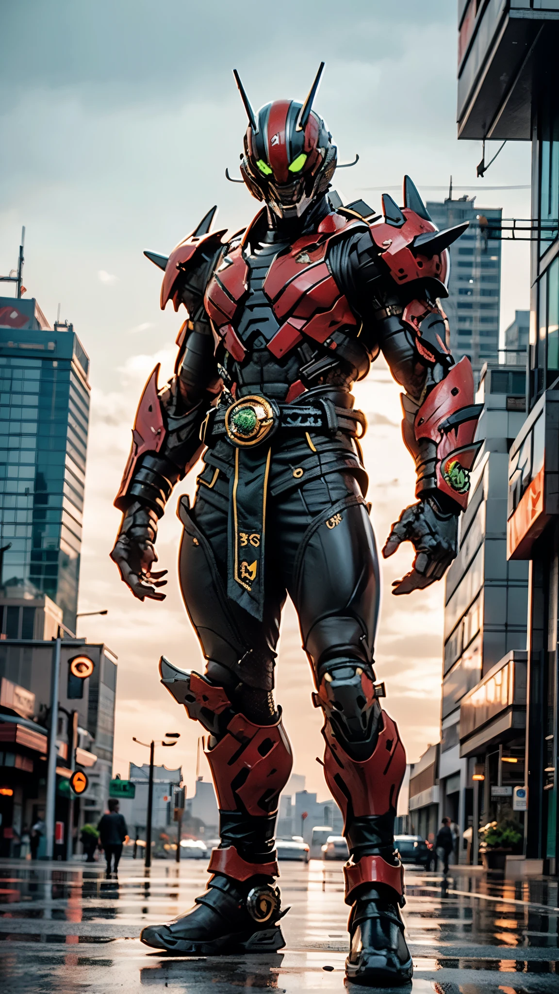 A man wearing a full-face helmet, a fantasy-style biotech armored combat suit, green eyes, (a composite layered chest armor), fully enclosed shoulder guards, matching arm and leg guards, the belt is adorned with fangs biting into gem, (the color scheme is primarily black with red accents), the design balances heavy with agility, a high-tech bio-mecha armor, (Armor Concept Inspired by Godzilla, stand on the top of a skyscraper in a futuristic sci-fi city), this character embodies a finely crafted fantasy-surreal style armored hero in anime style, exquisite and mature manga art style, (element, plasma, energy, the armor glows), ((male:1.5)), metallic, real texture material, dramatic, high definition, best quality, highres, ultra-detailed, ultra-fine painting, extremely delicate, professional, perfect body proportions, golden ratio, anatomically correct, symmetrical face, extremely detailed eyes and face, high quality eyes, creativity, RAW photo, UHD, 32k, Natural light, cinematic lighting, masterpiece-anatomy-perfect, masterpiece:1.5