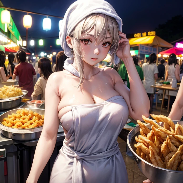 A woman with a towel wrapped around her head making a large amount of tempura at a night market in Korea highest quality Upper body naked