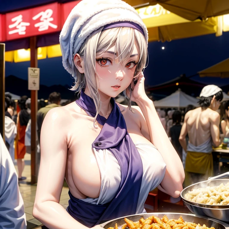 A woman with a towel wrapped around her head making a large amount of tempura at a night market in Korea　highest quality　Upper body naked