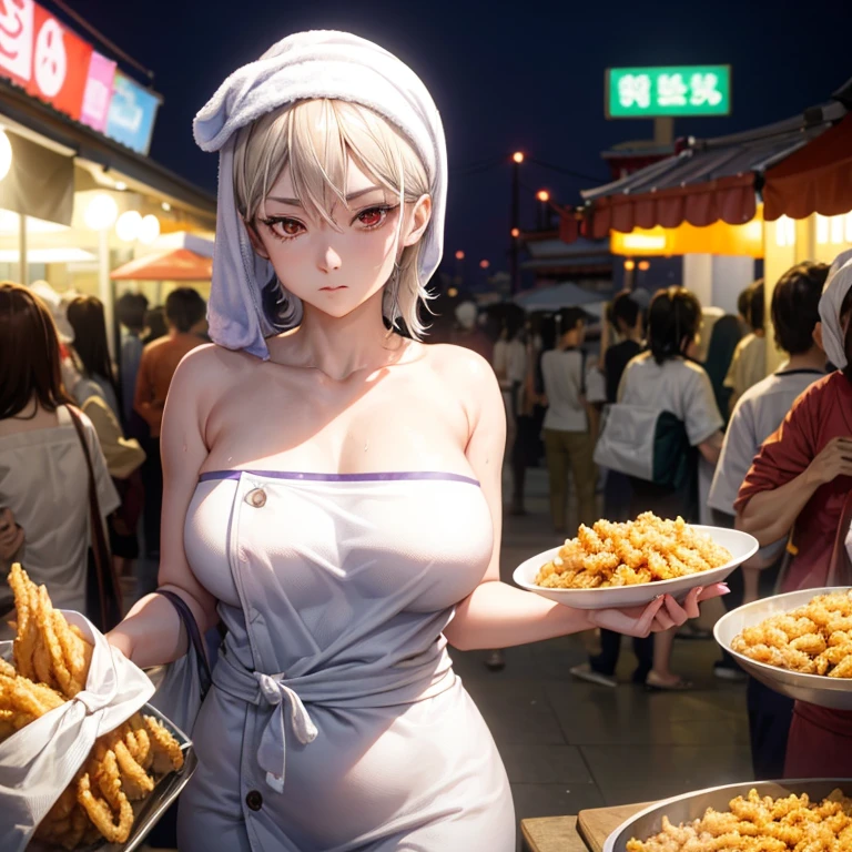 A woman with a towel wrapped around her head making a large amount of tempura at a night market in Korea　highest quality　Upper body naked