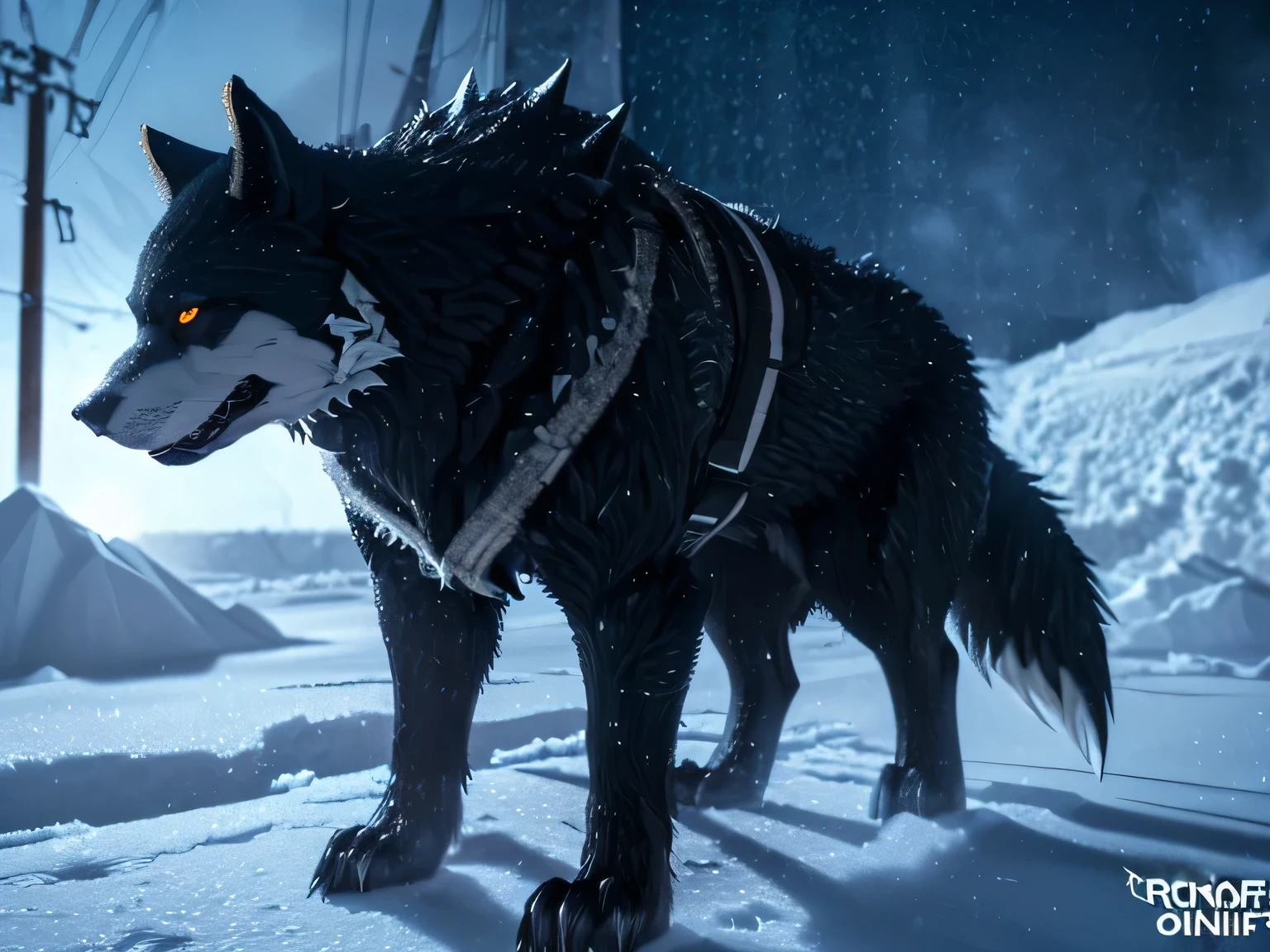 ((Fenrir:1.2)), ((One Wolf:1.2)), ((Blizzard:1.3)), ((Restrained:1.3)), ((Black body hair:1.2)), ((full view:1.1)), ((close view:0.8)), ((Snow field:1.1)), (Huge body), ((midnight:1.3)), ((Looking at viewers:1.3)),