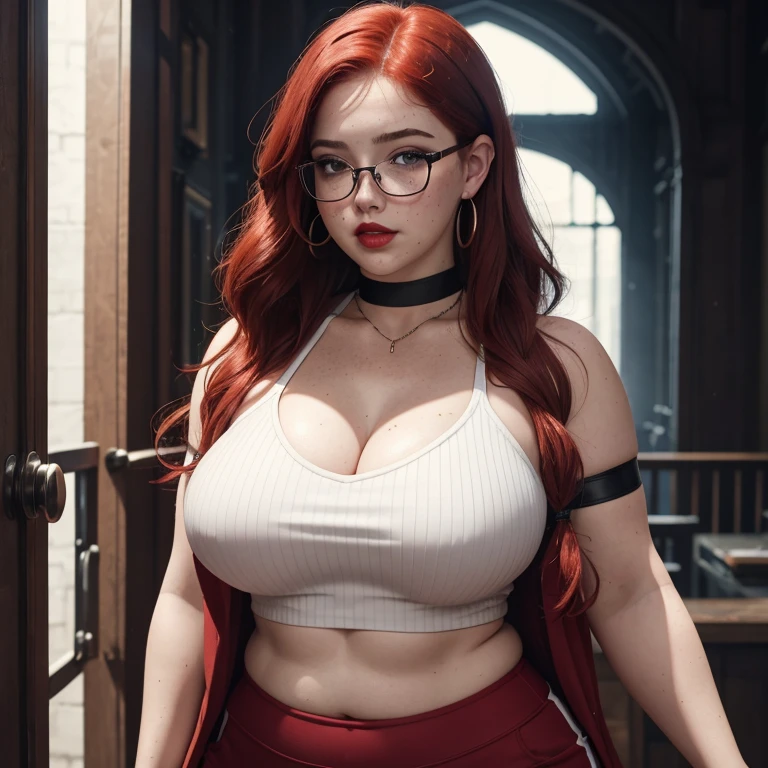 Ashley, solo, 1girl, redhead, chubby, curvy, pale skin, long wavy hair, thick black glasses, freckles, blushing, full red lips, choker, several short chains, hoop earrings, very large heavy natural breasts, low cut ribbed crop top, small white lycra shorts, wet