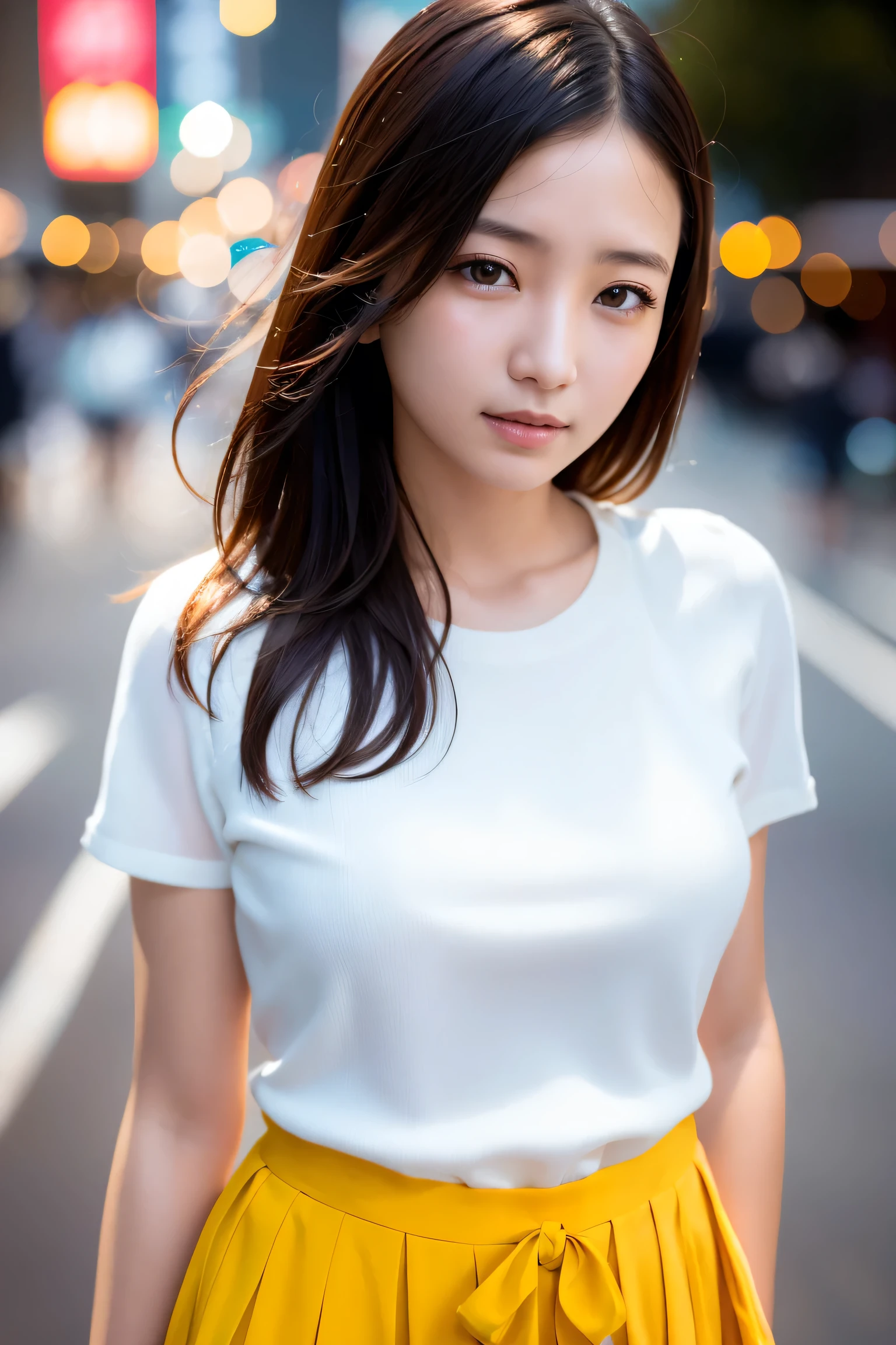 (Skin wounds:1.2), (Skin dents), black eye, 1woman, Age 25, (((woman))), alone, Realistic, highest quality, photoRealistic, masterpiece, 8k, High resolution, alone, Highly detailed face, (Professional Lighting, Bokeh), (Particles of light, Lens flare, Glowing particles:0.6), (Dynamic pose:1.2), Soft lighting, View from above, Fashionable and trendy atmosphere, Japan, street, Tokyo, city, ((Daytime)), null, ((Looking at the audience:1)), (Looking into the camera),(Portraiture:0.6), Cowboy Shot, nice, Are standing, Maintain the original face proportions, Broad shoulders, whole body, (Small breasts), (Medium Hair), Brown Hair, Floating Hair, lips, lipstick, seductive smile, Floating Hair, smile, Open_mouth, teeth, (White blouse without sleeves), (Jumper skirt), eyelash, Mole, (Mole under eye:1),