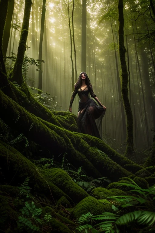 goblin woman in the forest,green and lush environment,eerie shadows,dense foliage,mischievous expression,sharp fangs,gleaming eyes,elongated ears,moss-covered forest floor,golden sunlight peeking through the trees,dappled light and shadows,ethereal glow,subtle fog,soft and dreamlike appearance,realistic texture,brilliant colors,unearthly beauty