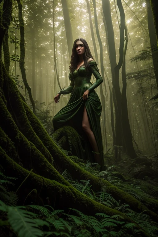 goblin woman in the forest,green and lush environment,eerie shadows,dense foliage,mischievous expression,sharp fangs,gleaming eyes,elongated ears,moss-covered forest floor,golden sunlight peeking through the trees,dappled light and shadows,ethereal glow,subtle fog,soft and dreamlike appearance,realistic texture,brilliant colors,unearthly beauty