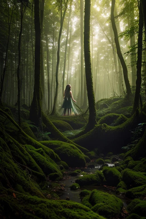 goblin woman in the forest,green and lush environment,eerie shadows,dense foliage,mischievous expression,sharp fangs,gleaming eyes,elongated ears,moss-covered forest floor,golden sunlight peeking through the trees,dappled light and shadows,ethereal glow,subtle fog,soft and dreamlike appearance,realistic texture,brilliant colors,unearthly beauty