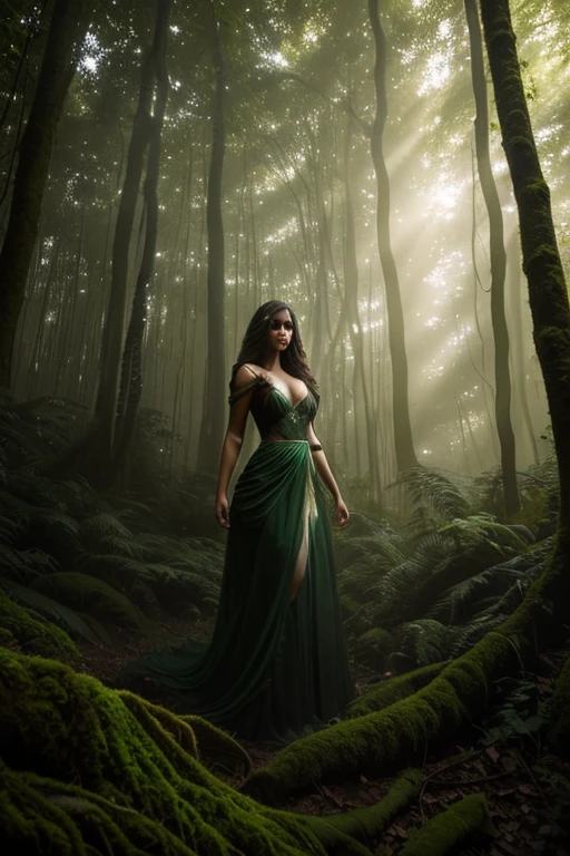 goblin woman in the forest,green and lush environment,eerie shadows,dense foliage,mischievous expression,sharp fangs,gleaming eyes,elongated ears,moss-covered forest floor,golden sunlight peeking through the trees,dappled light and shadows,ethereal glow,subtle fog,soft and dreamlike appearance,realistic texture,brilliant colors,unearthly beauty