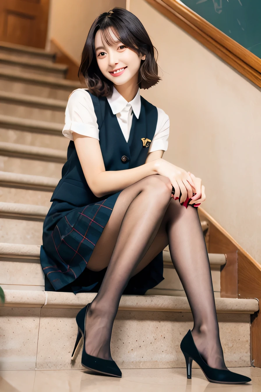 Ulzzang-6500-v1.1, (RAW Photos:1.2), (Realistic), (Genuine:1.4), １girl、Perfect Anatomy、Sit on the stairs、Full body photo、Looking into the camera、black tights、pumps、Knee-length skirt、Black Hair、smile、Plaid vest、、
