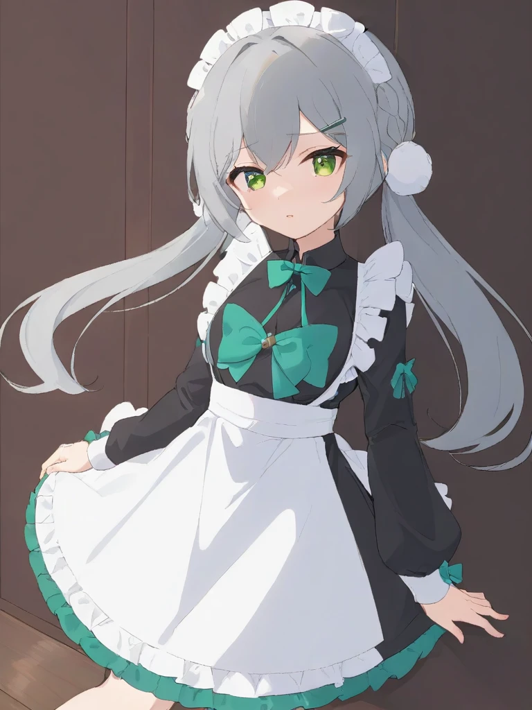 qingque girl,grey hair,green eyes,twintail,maid,
