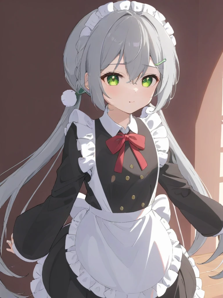 qingque girl,grey hair,green eyes,twintail,maid,