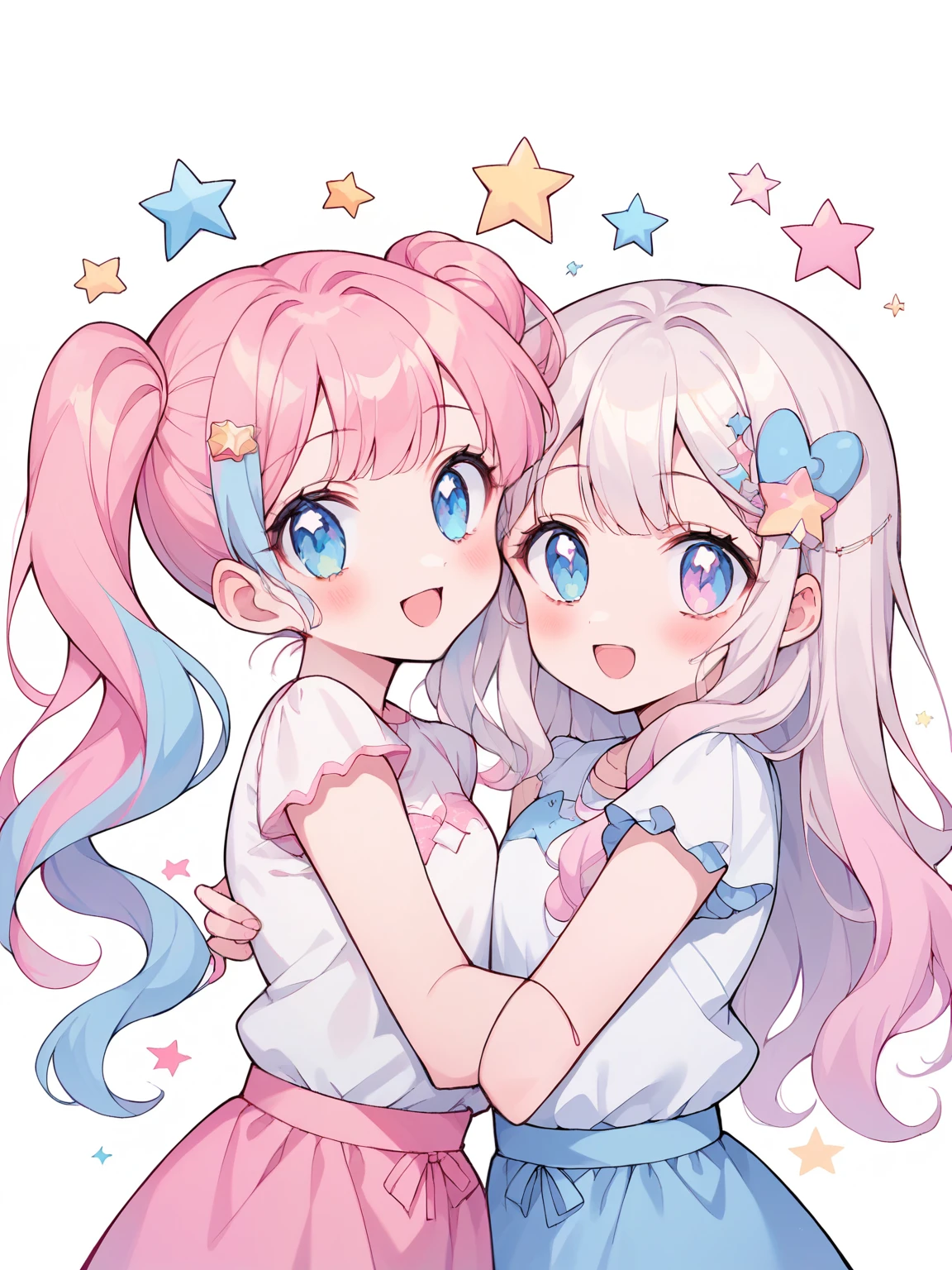 neondskdrmsxl, score_9_climb, score_8_climb, score_7_climb, score_6_climb, 2 girls, alone, pastel colors, open mouth, long hair, star , (mark), star hair accessories, hair accessories, Twintail, look at viewer, blue eyes, pastel neon lighting, source_anime, neon, neon theme , white background Edge distance, beautiful, cute, anime, 2 cute girls