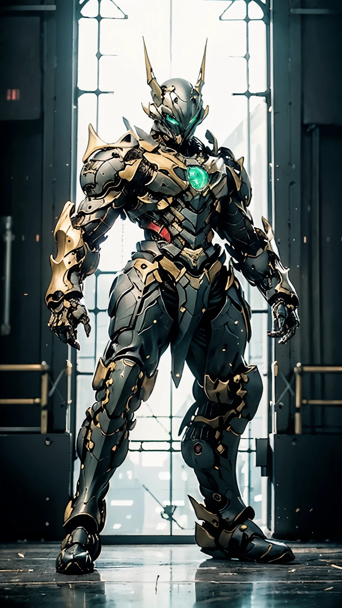 A man wearing a full-face helmet, a fantasy-style biotech armored combat suit, green eyes, (a composite layered chest armor), fully enclosed shoulder guards, matching arm and leg guards, the belt is adorned with fangs biting into gem, (the color scheme is primarily black with red accents), the design balances heavy with agility, a high-tech bio-mecha armor, (Armor Concept Inspired by Godzilla, stand on the top of a skyscraper in a futuristic sci-fi city), this character embodies a finely crafted fantasy-surreal style armored hero in anime style, exquisite and mature manga art style, (element, plasma, energy, the armor glows), ((male:1.5)), metallic, real texture material, dramatic, high definition, best quality, highres, ultra-detailed, ultra-fine painting, extremely delicate, professional, perfect body proportions, golden ratio, anatomically correct, symmetrical face, extremely detailed eyes and face, high quality eyes, creativity, RAW photo, UHD, 32k, Natural light, cinematic lighting, masterpiece-anatomy-perfect, masterpiece:1.5