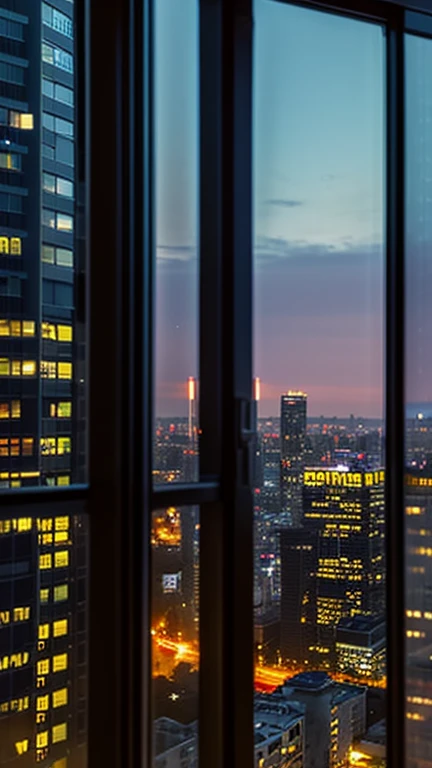End of the dayを象徴する静かな夜景。 picture: Night City、Starry Sky、A scene where the lights of an office building go out。 atmosphere: End of the day、Anticipation for the next day。Scene looking out the window