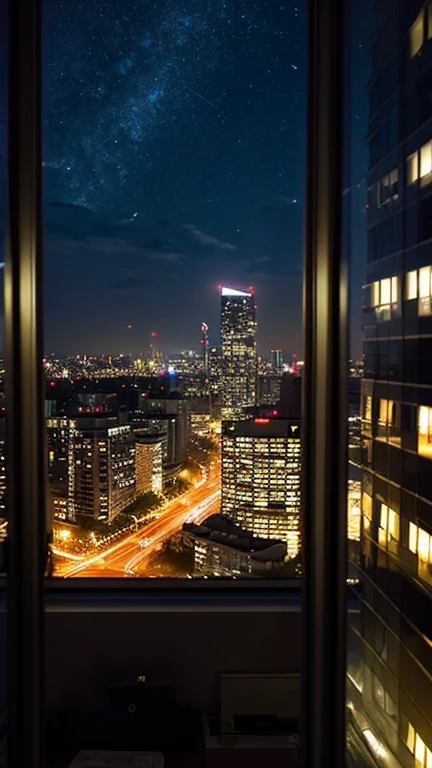 End of the dayを象徴する静かな夜景。 picture: Night City、Starry Sky、A scene where the lights of an office building go out。 atmosphere: End of the day、Anticipation for the next day。Scene looking out the window