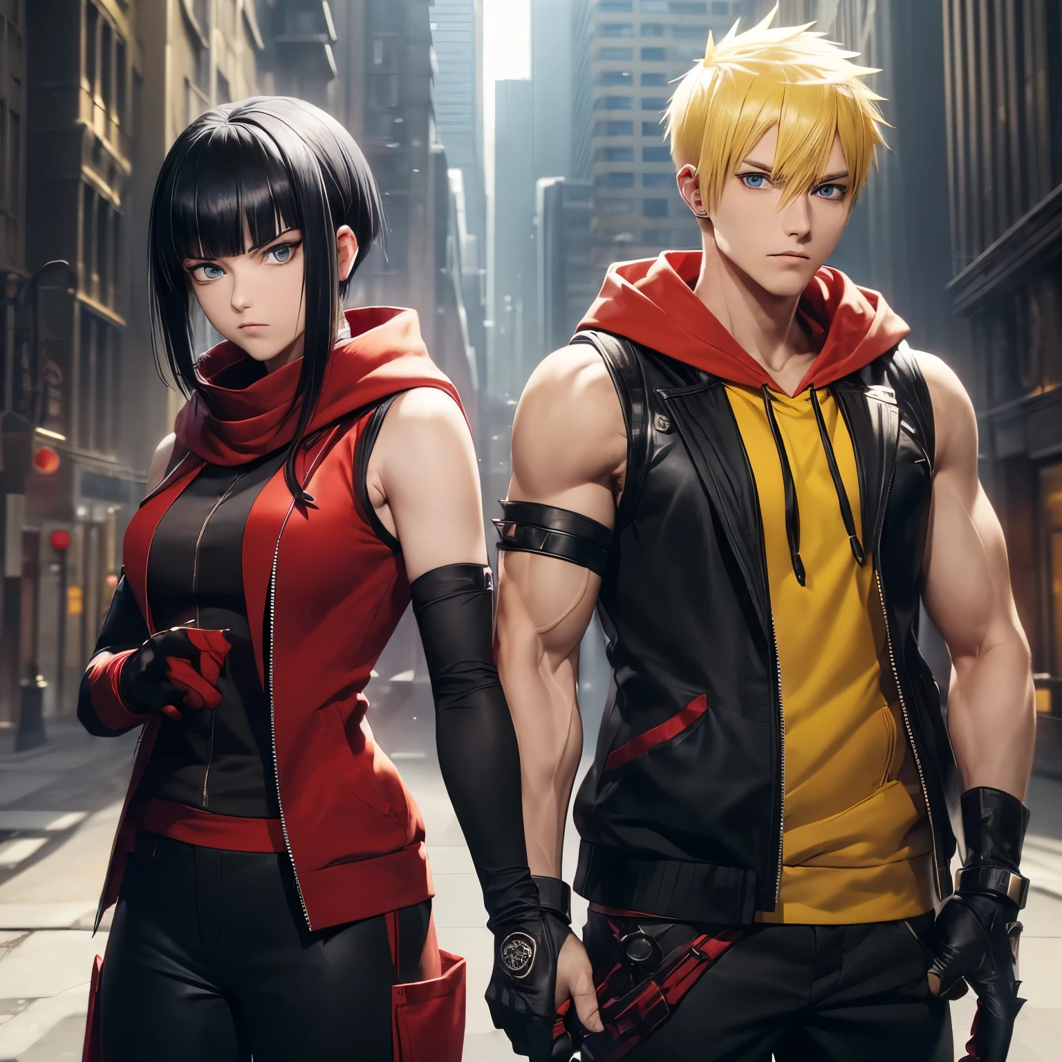 ((Couple)), ((26 years old, male with Yellow hair, Blue eyes, Spiky hair)). 

((26 Years Old, female with Black Hair, Hime Cut, Bang, White Eyes)),, ((red scarf)), ((red hoodie vest)), ((sleeveless)), ((black pants)), ((black gloves)), ((Sniper)), slim, up to legs, intimidating aura, Tom clancy theme.