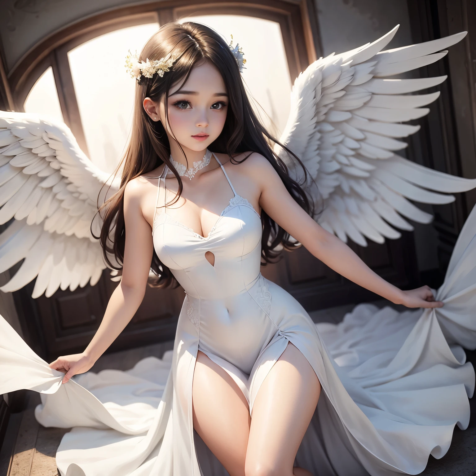 An angel with 4 arms and 4 wings wearing white dress