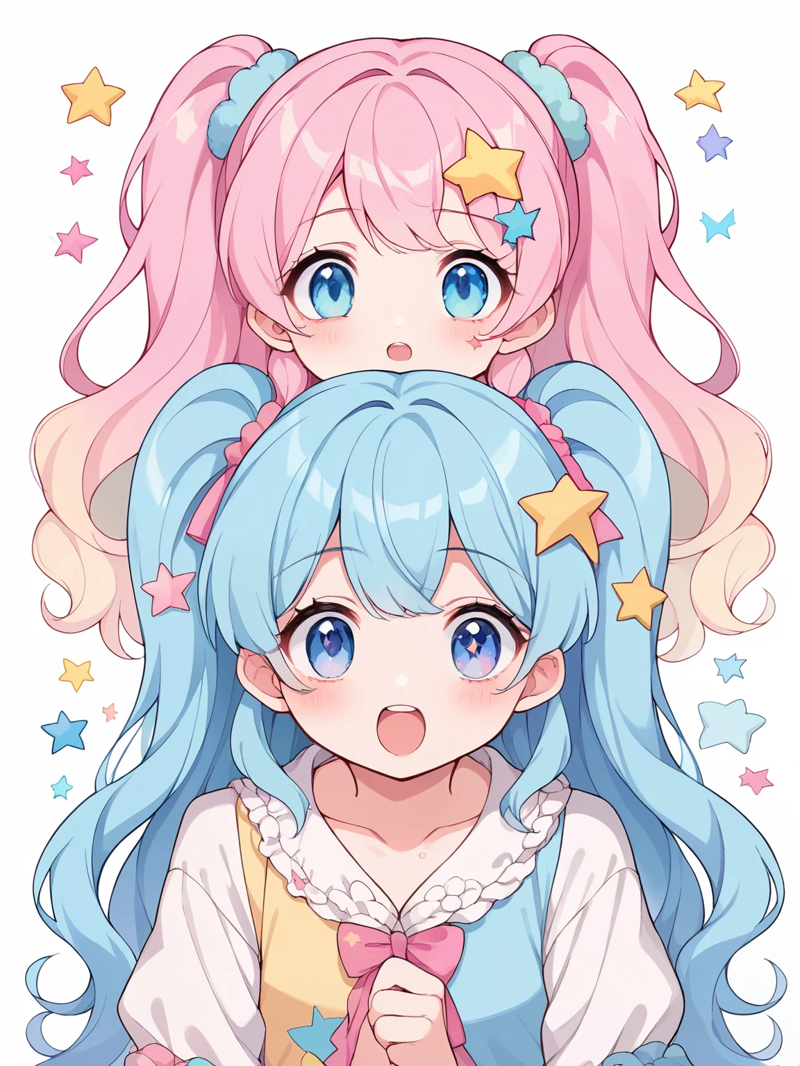 neondskdrmsxl, score_9_climb, score_8_climb, score_7_climb, score_6_climb, 2 girls, alone, pastel colors, open mouth, long hair, star , (mark), star hair accessories, hair accessories, Twintail, look at viewer, blue eyes, pastel neon lighting, source_anime, neon, neon theme , white background Edge distance, beautiful, cute, anime, 2 cute girls