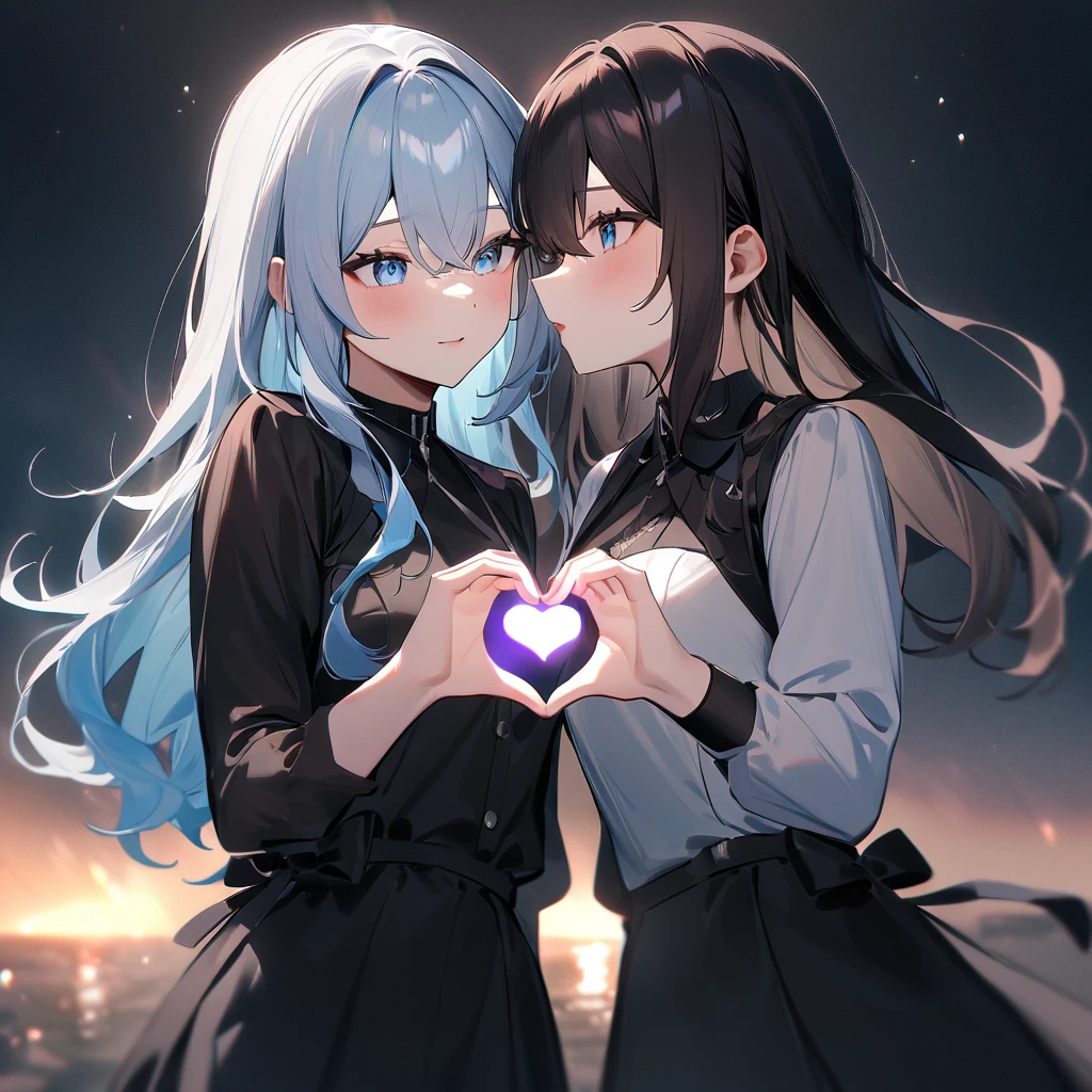 {{2girls}},masterpiece,best quality,very aesthetic,absurdres,cowboy shot,lightcolor,darkcolor,(heart_hands_duo:1.5),light hair,dark hair,White hair,light  blue hair,light  blue eyes,Lovely,🏩,translucent hair,kiss