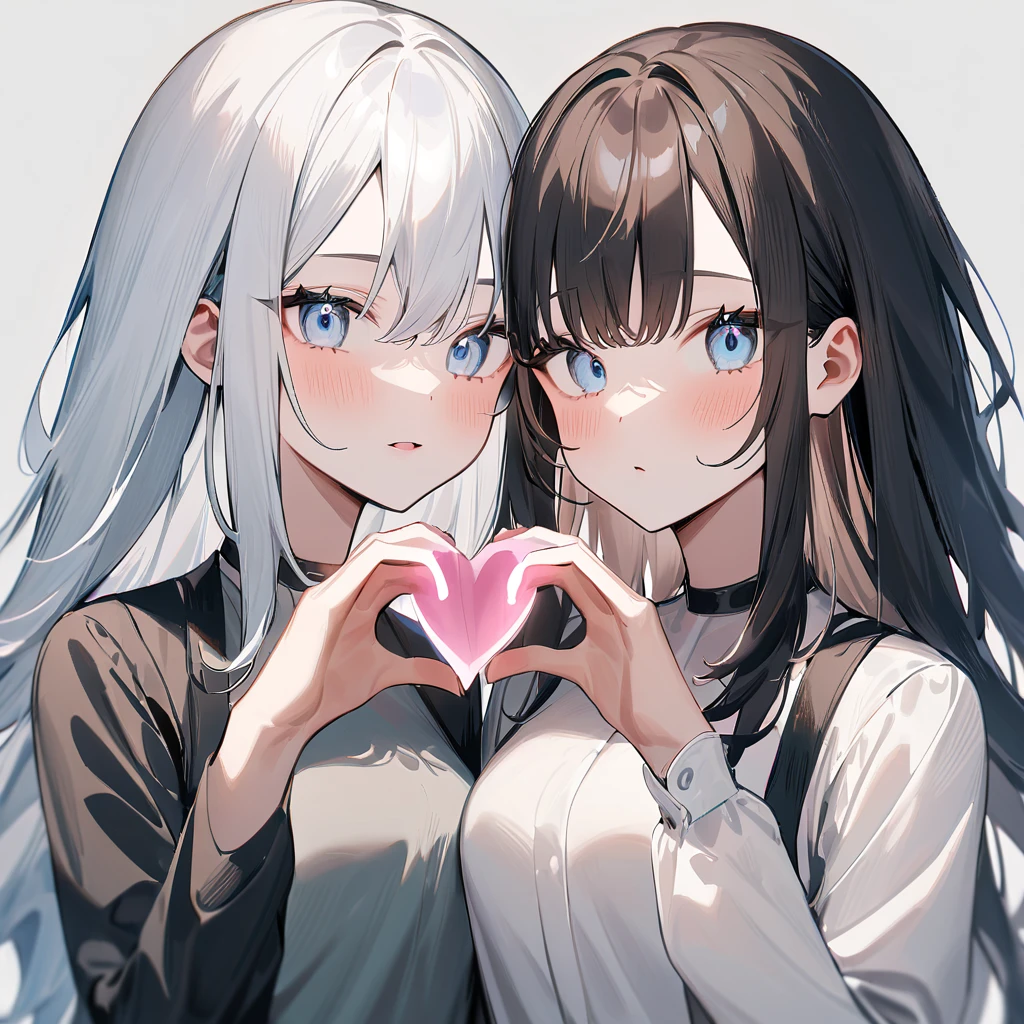 {{2girls}},masterpiece,best quality,very aesthetic,absurdres,cowboy shot,lightcolor,darkcolor,(heart_hands_duo:1.5),light hair,dark hair,White hair,light blue hair,light blue eyes,Lovely,🏩,translucent hair,kiss