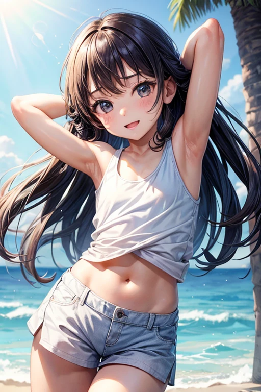 10 years old、Girl in a tank top、Raise your arms