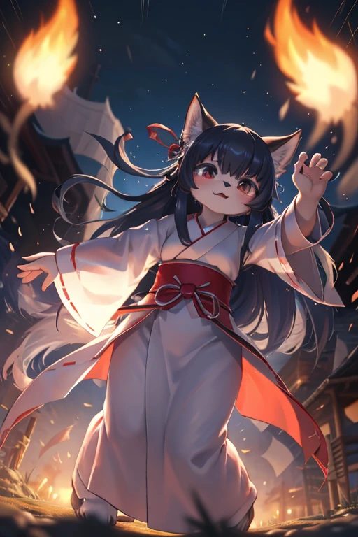 Bokeh , (zoom blur:1.5) , front view , 1 hairy fox girl  , Short stature , realistic hairy fur , Straight black Long Hair , Round face, swollen cheeks,round eyes , neat hair ties , Japanese Shrine Maiden Clothing , dynamic Onmyoji Ritual action , Monster Extermination , (hand seal:1.5) , (The wind is blowing from the front to the back:1.5) , (will‐o’‐the‐wisp:1.2)