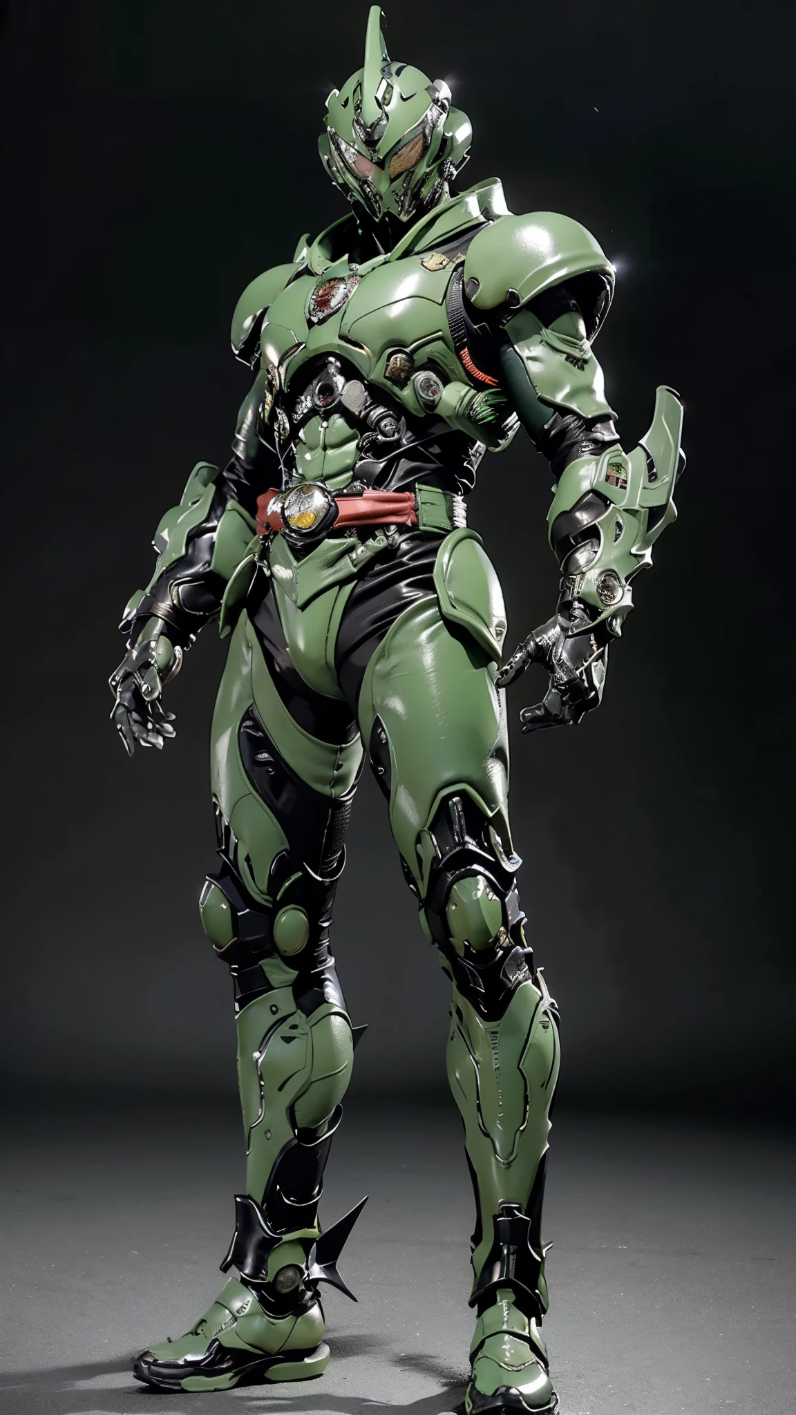 A man wearing a full-face helmet, a fantasy-style biotech armored combat suit, green eyes, (a composite layered chest armor), fully enclosed shoulder guards, matching arm and leg guards, the belt is adorned with fangs biting into gem, (the color scheme is primarily black with red accents), the design balances heavy with agility, a high-tech bio-mecha armor, (Armor Concept Inspired by Godzilla, stand on the top of a skyscraper in a futuristic sci-fi city), this character embodies a finely crafted fantasy-surreal style armored hero in anime style, exquisite and mature manga art style, (element, plasma, energy, the armor glows), ((male:1.5)), metallic, real texture material, dramatic, high definition, best quality, highres, ultra-detailed, ultra-fine painting, extremely delicate, professional, perfect body proportions, golden ratio, anatomically correct, symmetrical face, extremely detailed eyes and face, high quality eyes, creativity, RAW photo, UHD, 32k, Natural light, cinematic lighting, masterpiece-anatomy-perfect, masterpiece:1.5