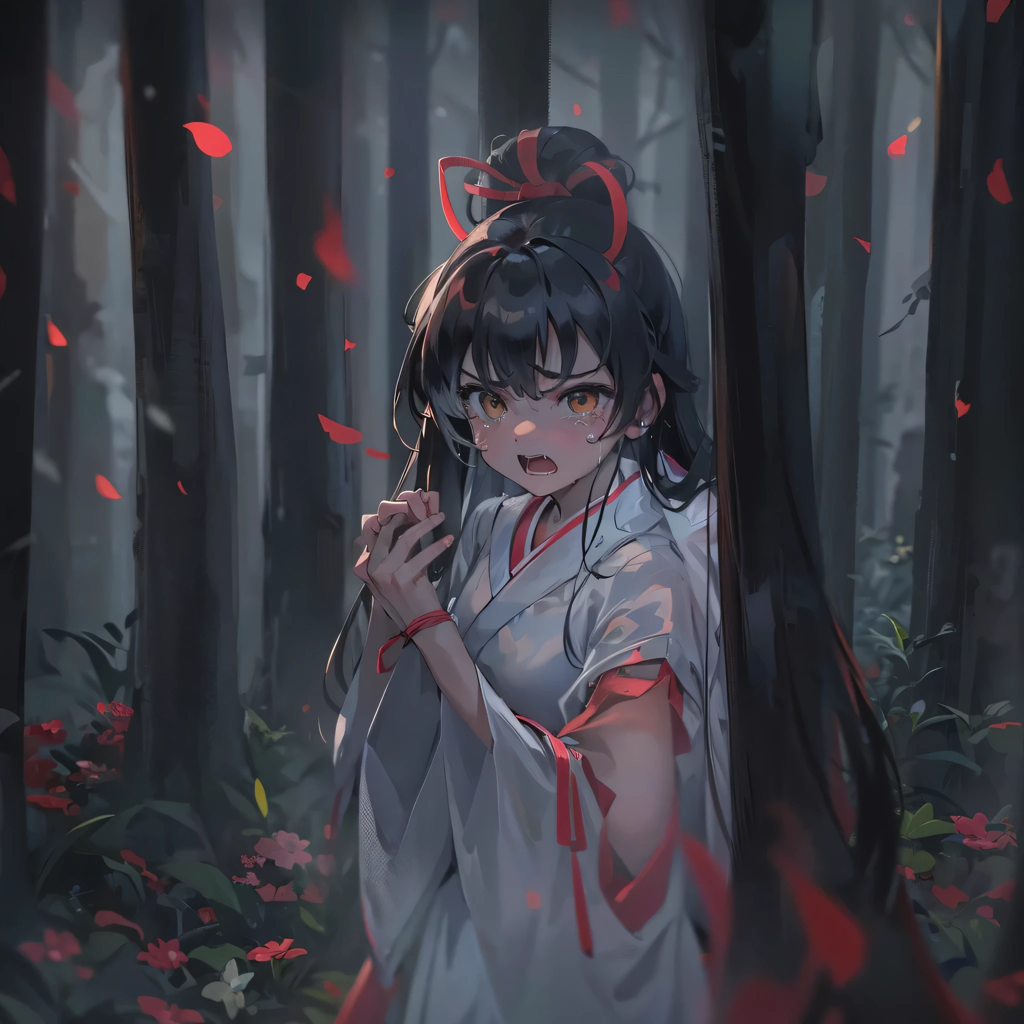 (portrait:1.3 face up), (angry:1.7 white eyes wide open with tears:1.5) ((sweaty face)) (solo blunt bangs black hair long hair surprised shrine maiden girl, 15 yo, open mouth), (in a shrine maiden costume), BREAK, (in the darkness:1.6, in night forest), perfect ???????, masterpiece, best quality, 16k.