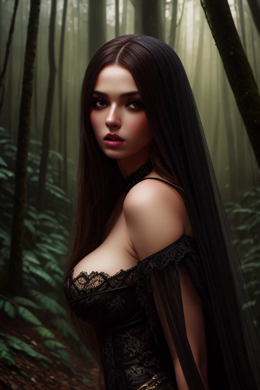 (goblin,girl),full-length,(sexy:sensual) outfit,in the forest,(portrait style),(dark,moody) lighting,with vibrant colors,beautiful detailed eyes and lips,sharp focus,highres,ultra-detailed painting