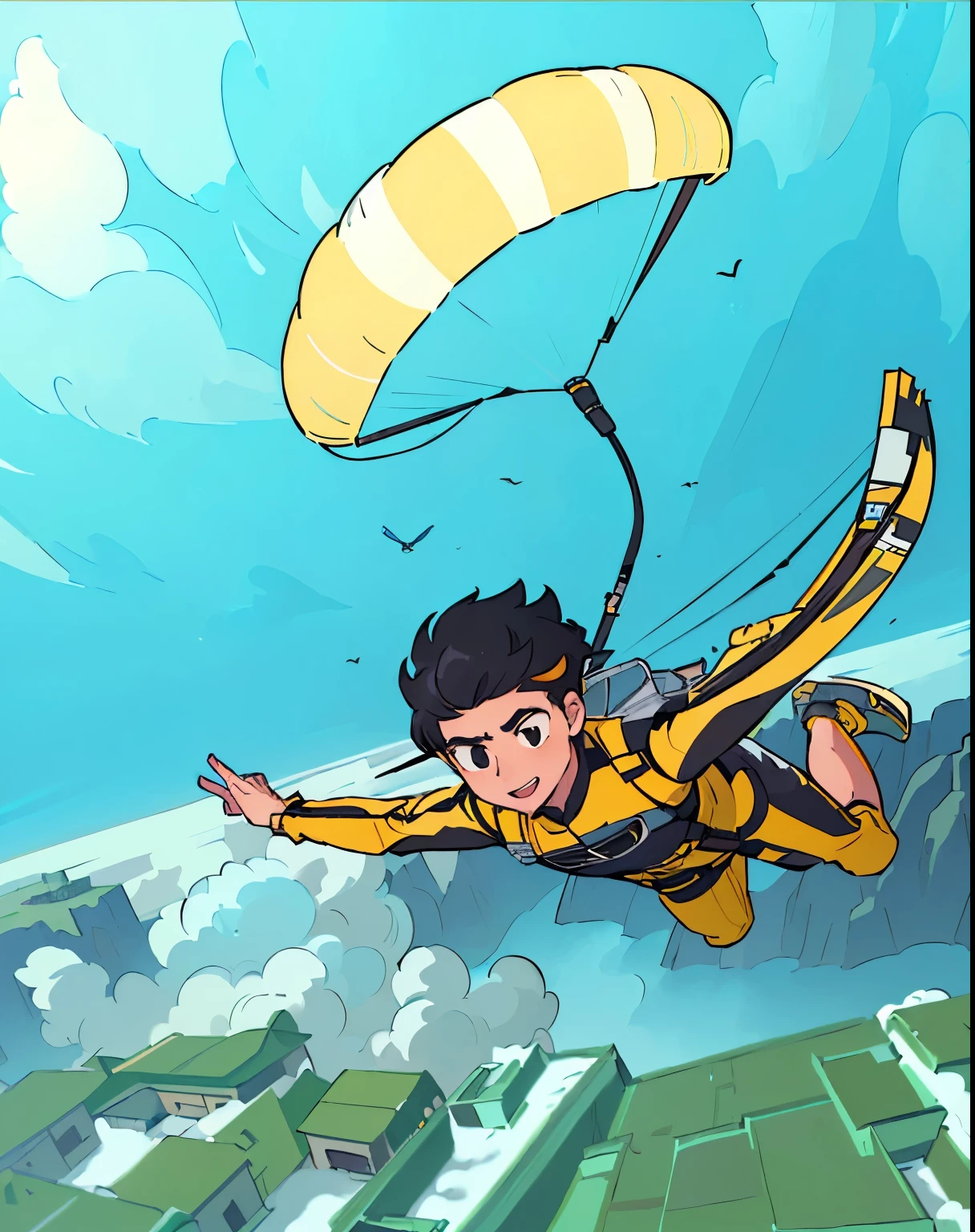 Wearing yellow and black suit、Cartoon of a man flying with a parachute, parachute, artistic, official Fan Art, high quality Fan Art, hero 2 d Fan Art artsation, The character is flying, Epic comic style, Flying through the air, Flying anime fantasy beast, official artistic, Fan Art, flying in the air, high resolution committee, soar in the sky