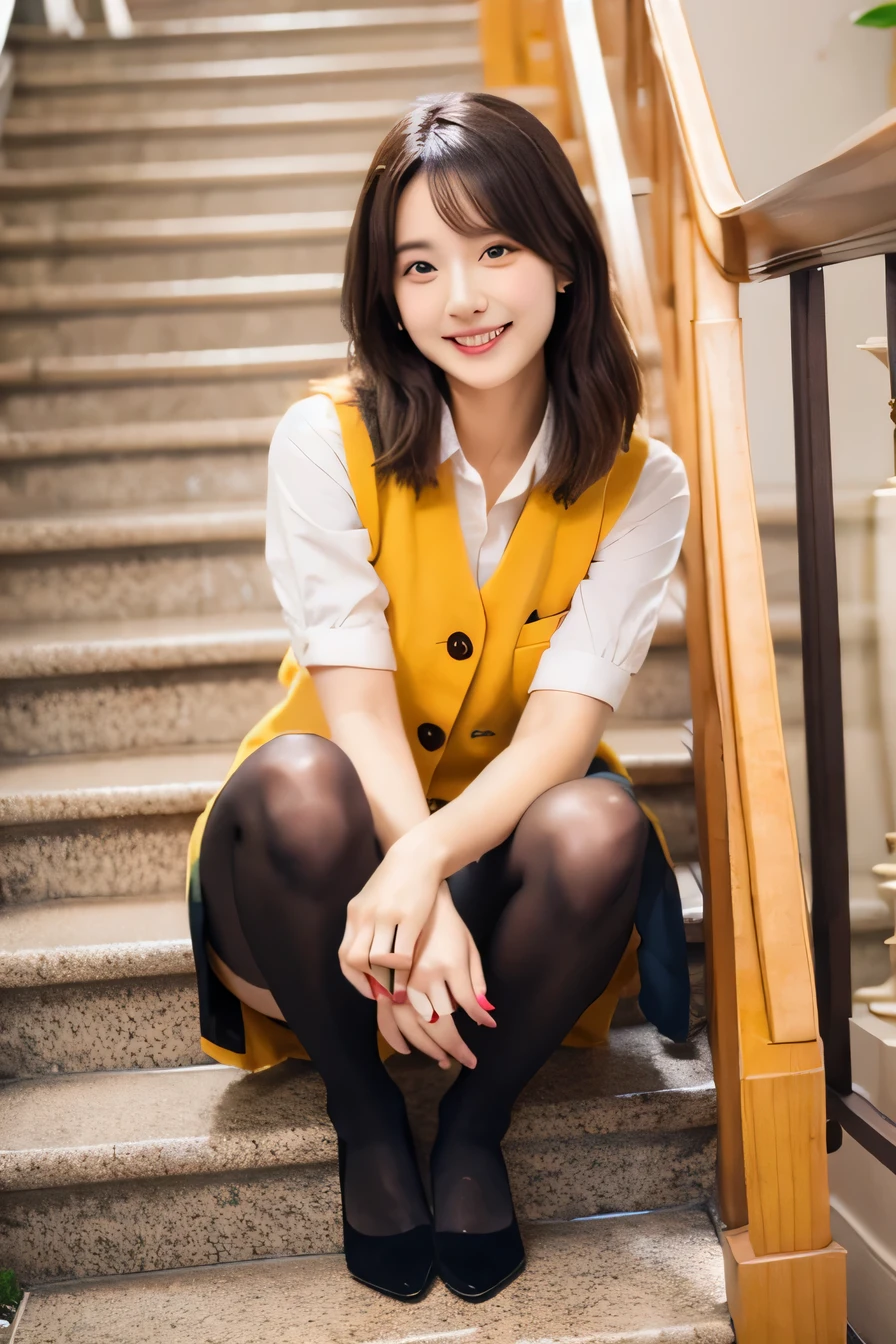 Ulzzang-6500-v1.1, (RAW Photos:1.2), (Realistic), (Genuine:1.4), 1girl、Perfect Anatomy、Sit on the stairs、Full body photo、Looking into the camera、black tights、pumps、Knee-length skirt、Black Hair、smile、Plaid vest、、