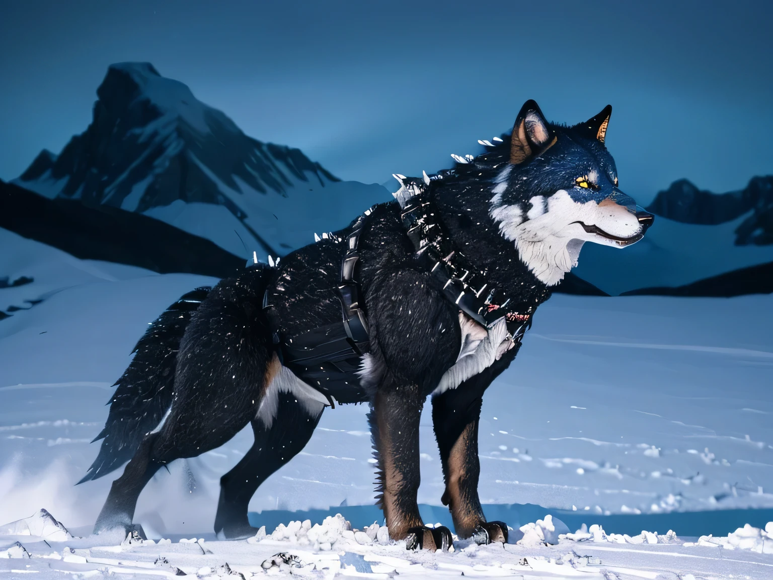 ((Fenrir:1.2)), ((One Wolf:1.2)), ((Blizzard:1.3)), ((Restrained:1.3)), ((Black body hair:1.2)), ((full view:1.1)), ((close view:0.8)), ((Snow field:1.1)), (Huge body), ((midnight:1.3)), ((Looking at viewers:1.3)),